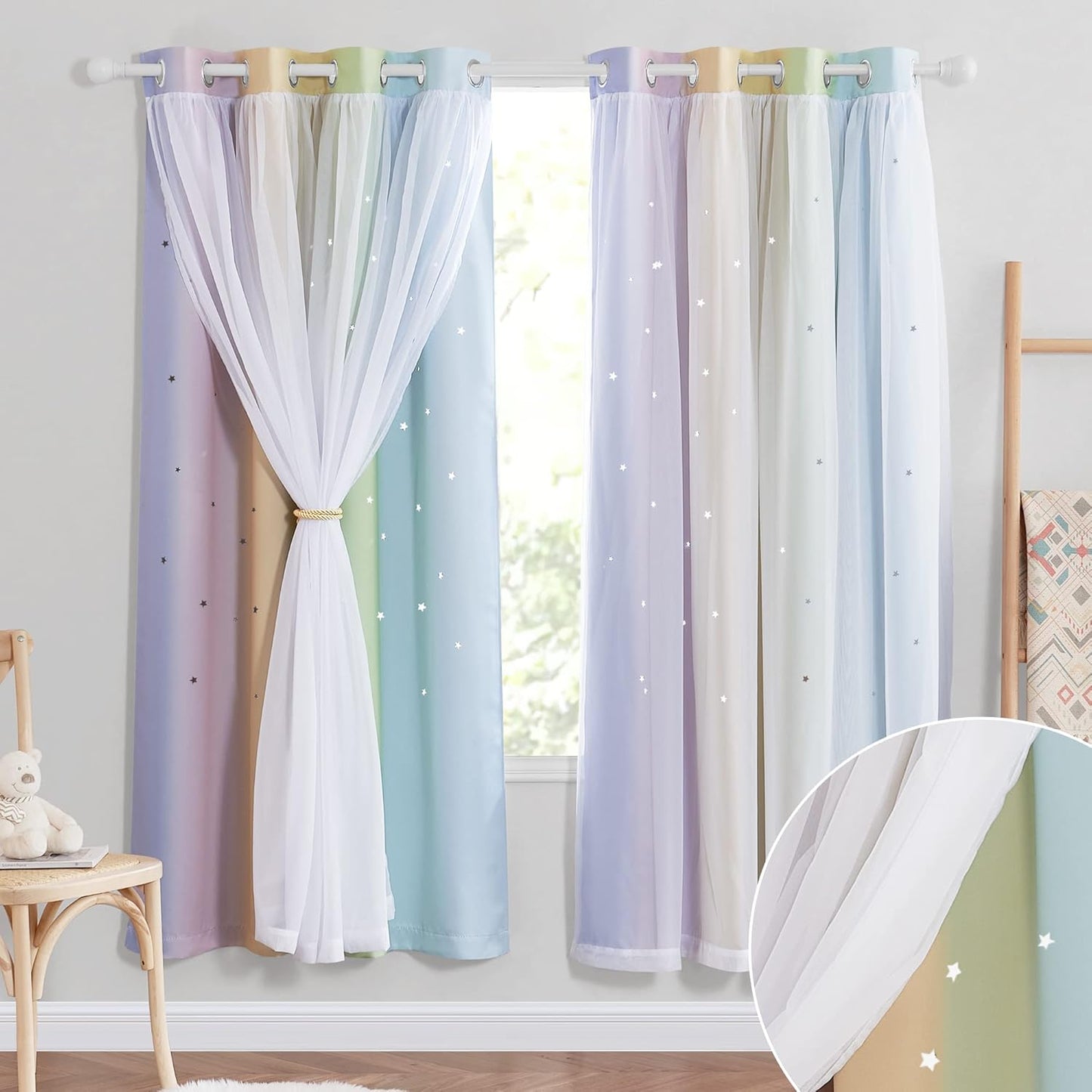NICETOWN Rainbow Star Curtains for Girls Bedroom, Double Layer Colorful Stripes Kids Blackout Curtains Plus White Sheer Livingroom Window Curtains for School Classroom (Rainbow, W52 x L84, Sold by 2)