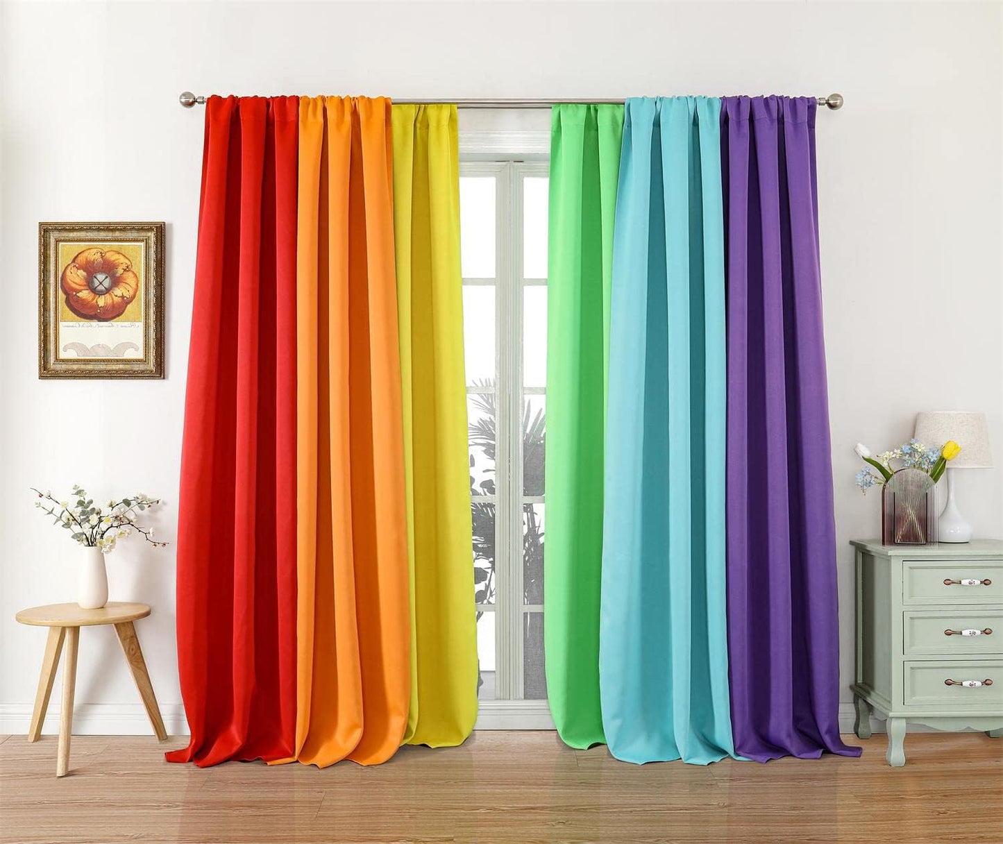THOOO 6 Panel Blackout Rainbow Curtains for Bedroom & Living Room - 84 Inch Long, Darkening Rod Pocket Curtains with Colorful Drapes in Red, Orange, Yellow, Green, Blue, Purple