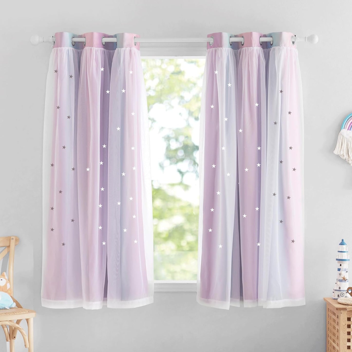 NICETOWN Rainbow Star Curtains for Girls Bedroom, Double Layer Colorful Stripes Kids Blackout Curtains Plus White Sheer Livingroom Window Curtains for School Classroom (Rainbow, W52 x L84, Sold by 2)