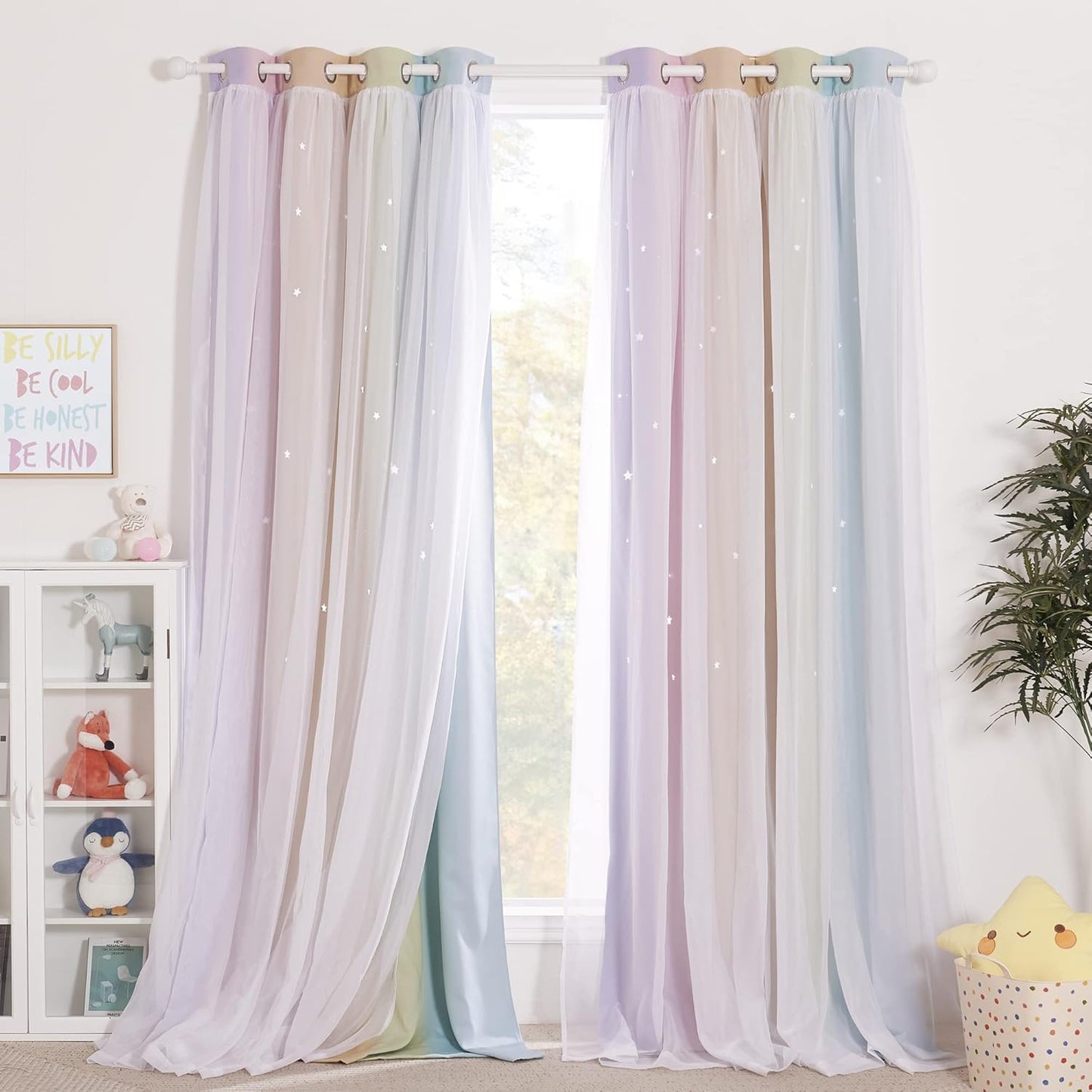 NICETOWN Rainbow Star Curtains for Girls Bedroom, Double Layer Colorful Stripes Kids Blackout Curtains Plus White Sheer Livingroom Window Curtains for School Classroom (Rainbow, W52 x L84, Sold by 2)