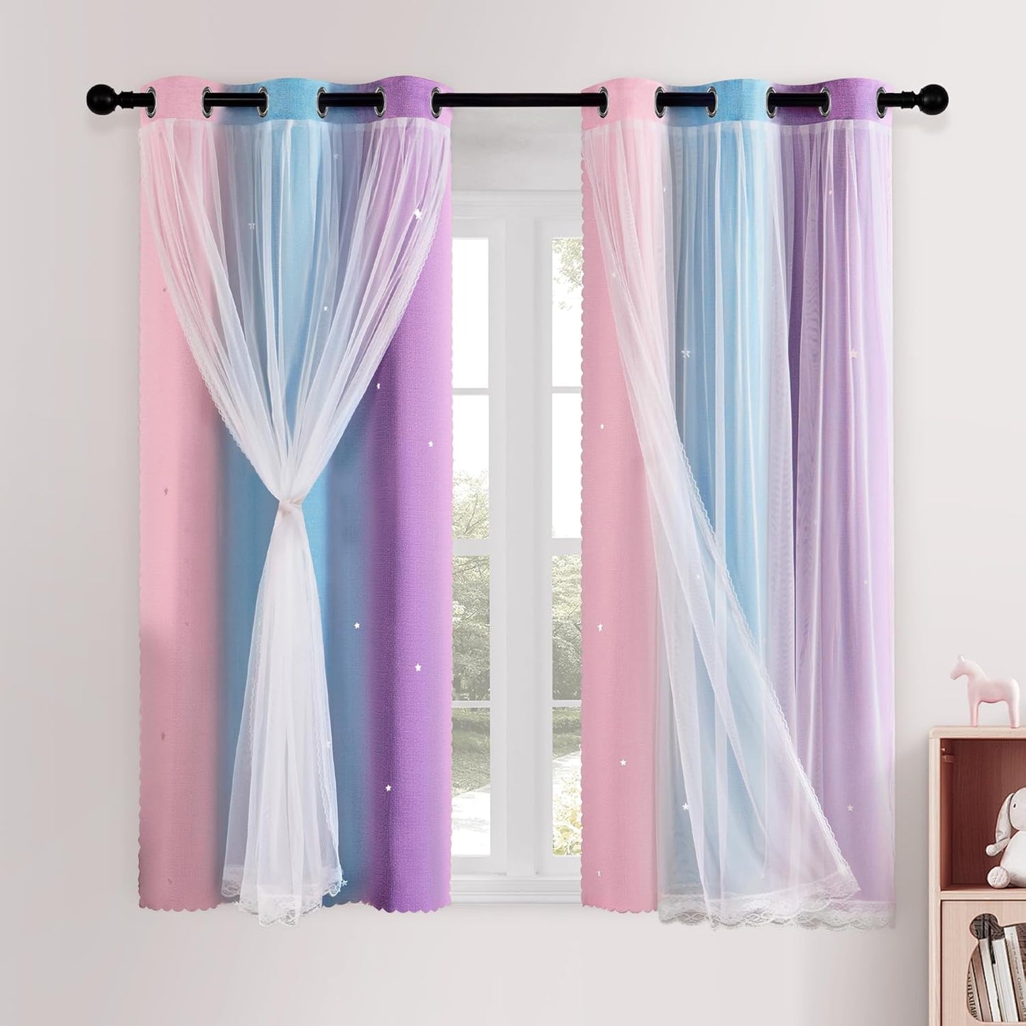 XiDi Pink and Purple Curtains 84 Inches Long for Girls Bedroom 2 Panels Blackout Rainbow Nursery Curtains for Kids Room Unicorn Princess Theme Home Decor Living Room Pink/Purple W52 X L84
