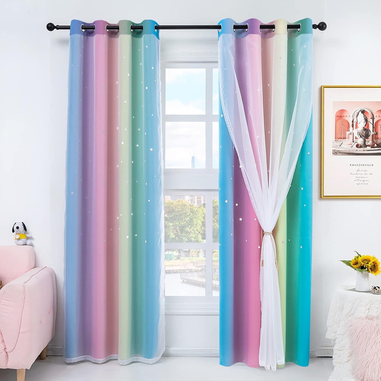 Stiio Kids Blackout Curtains 2 Panels, Star Cutout Ombre Stripe Rainbow Curtains Light Blocking Window Treatment for Girls Bedroom Home Decor, W52 x L63 inches