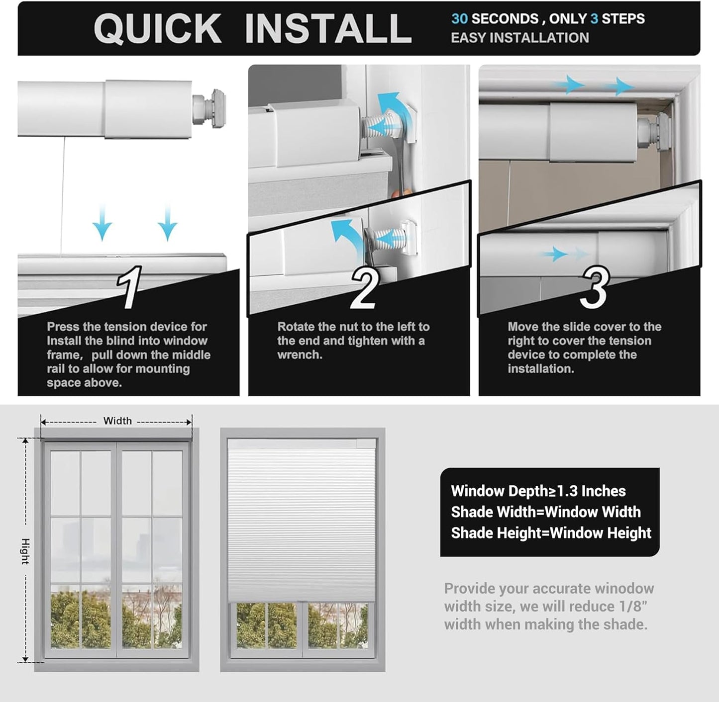 Boolegon No Drill No Tools Cellular Shades Top Down Bottom Up Honeycomb Blinds Blackout Cordless Window Blinds Easy to Install Cellular Shade for Windows,Blackout-White,Custom Size