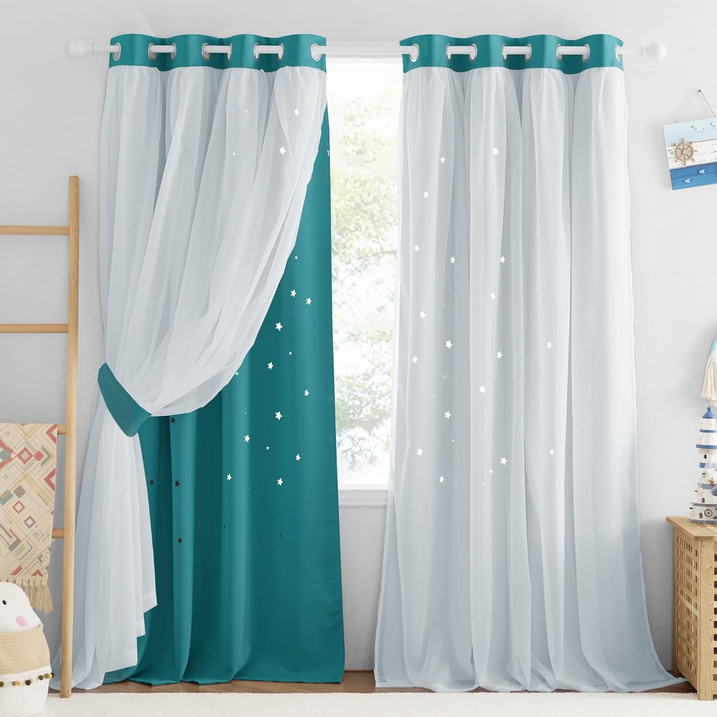 NICETOWN Rainbow Star Curtains for Girls Bedroom, Double Layer Colorful Stripes Kids Blackout Curtains Plus White Sheer Livingroom Window Curtains for School Classroom (Rainbow, W52 x L84, Sold by 2)
