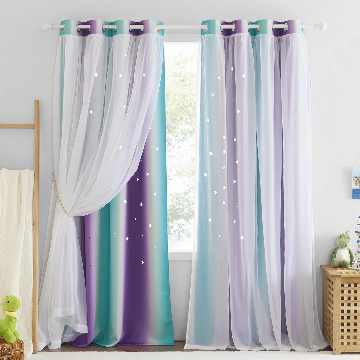 NICETOWN Rainbow Star Curtains for Girls Bedroom, Double Layer Colorful Stripes Kids Blackout Curtains Plus White Sheer Livingroom Window Curtains for School Classroom (Rainbow, W52 x L84, Sold by 2)