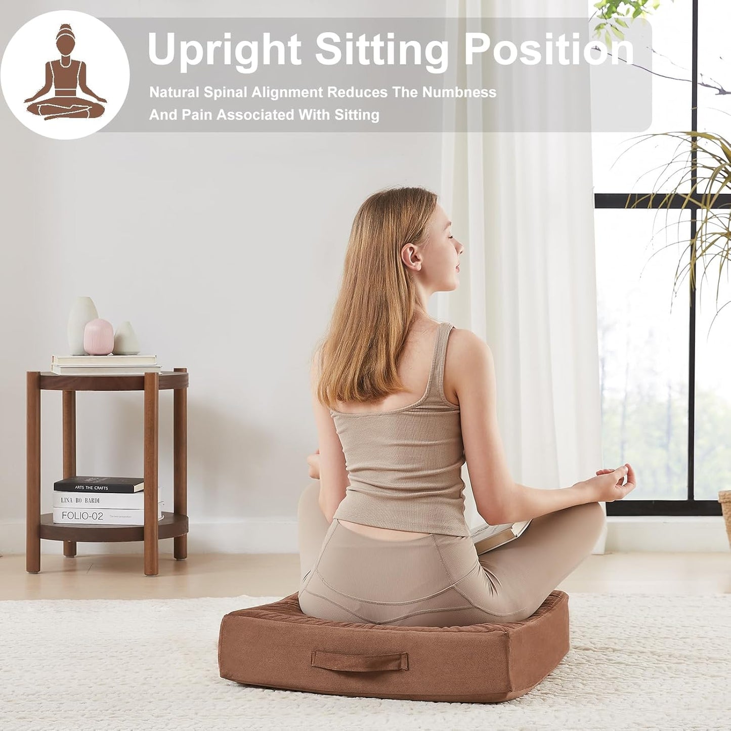 2 Pcs High Density Foam Floor Pillow - Upgraded Large Pillows Seating for Adults - Outdoor Floor Cushion with Soft Tufted Cover - Yoga Pillows for Sitting On Floor - 22 Inch Coffee