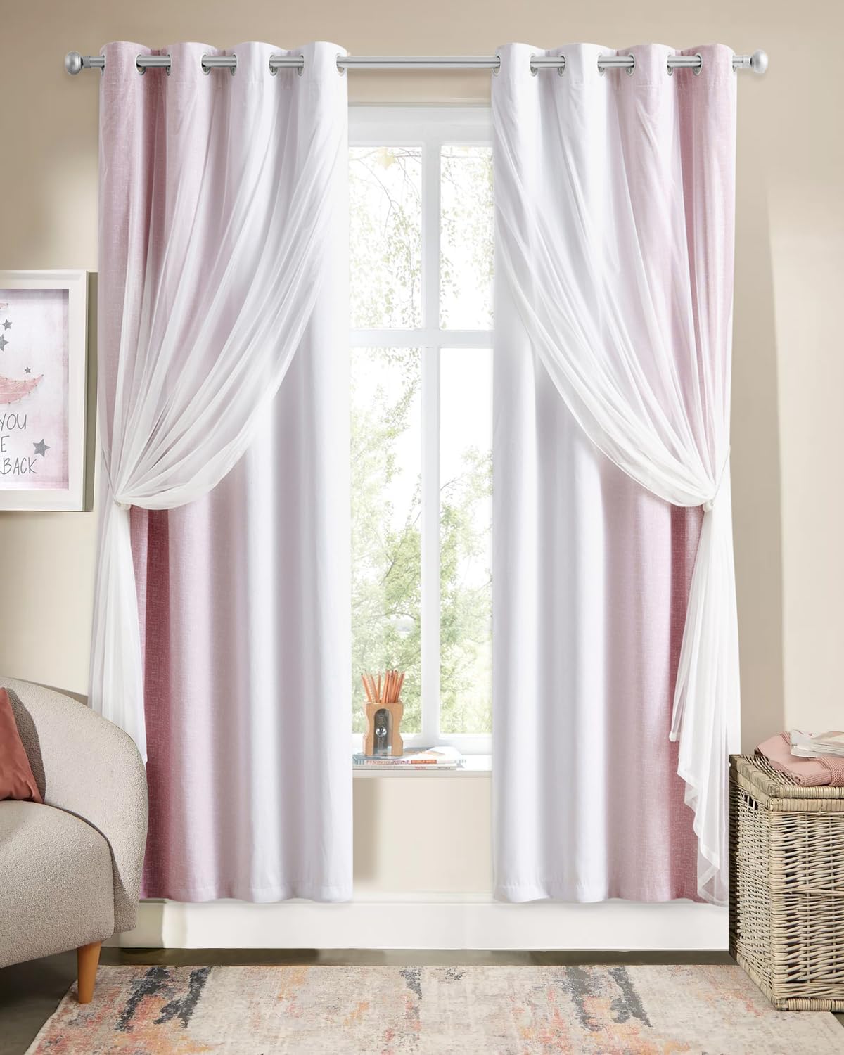 100% Blackout Curtains with Sheer Overlay Mix and Match Double Layer Drapes 84 Inch Long 2 Panels for Room Bedroom Ombre Rainbow Grommet Window Treatment with Tiebacks