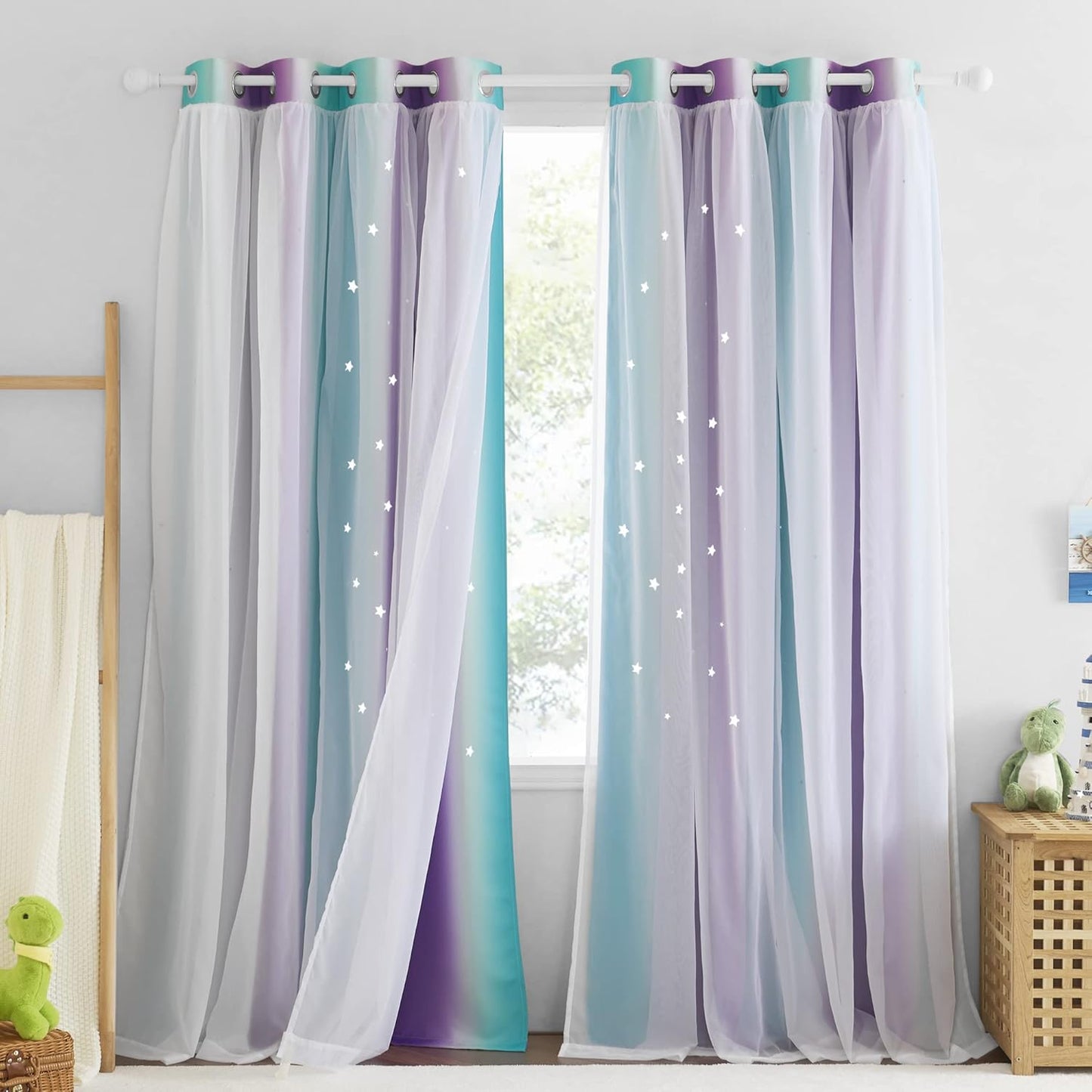 NICETOWN Rainbow Star Curtains for Girls Bedroom, Double Layer Colorful Stripes Kids Blackout Curtains Plus White Sheer Livingroom Window Curtains for School Classroom (Rainbow, W52 x L84, Sold by 2)