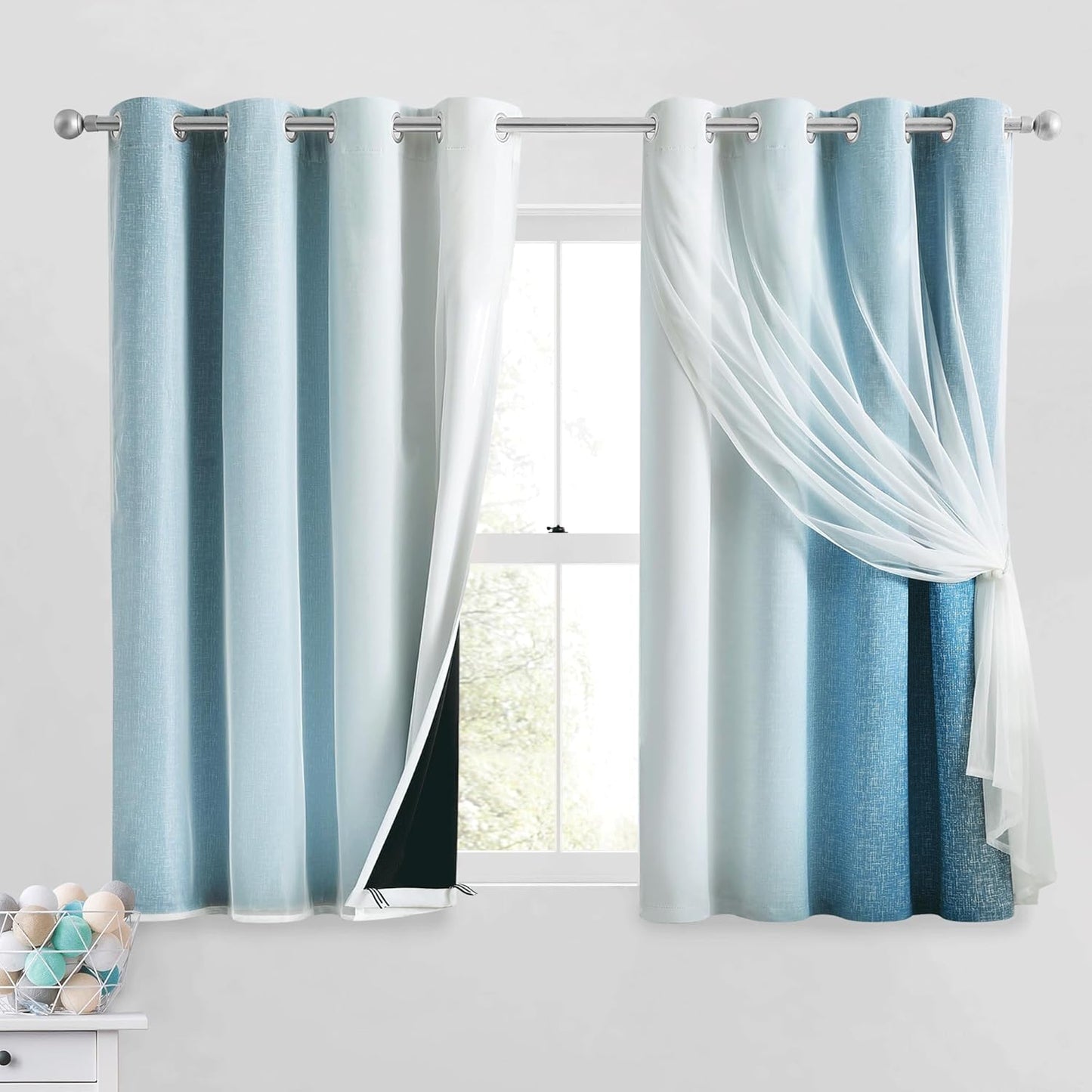 100% Blackout Curtains with Sheer Overlay Mix and Match Double Layer Drapes 84 Inch Long 2 Panels for Room Bedroom Ombre Rainbow Grommet Window Treatment with Tiebacks