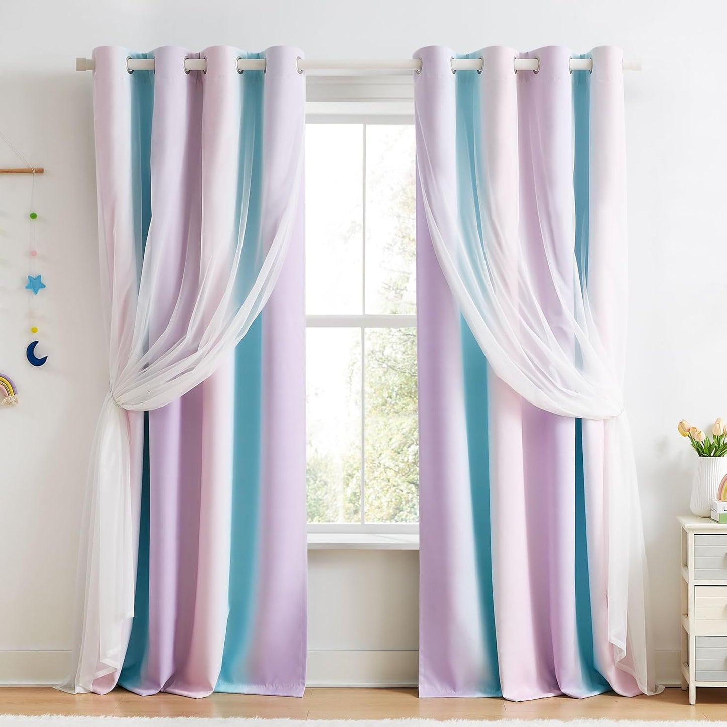 100% Blackout Curtains with Sheer Overlay Mix and Match Double Layer Drapes 84 Inch Long 2 Panels for Room Bedroom Ombre Rainbow Grommet Window Treatment with Tiebacks