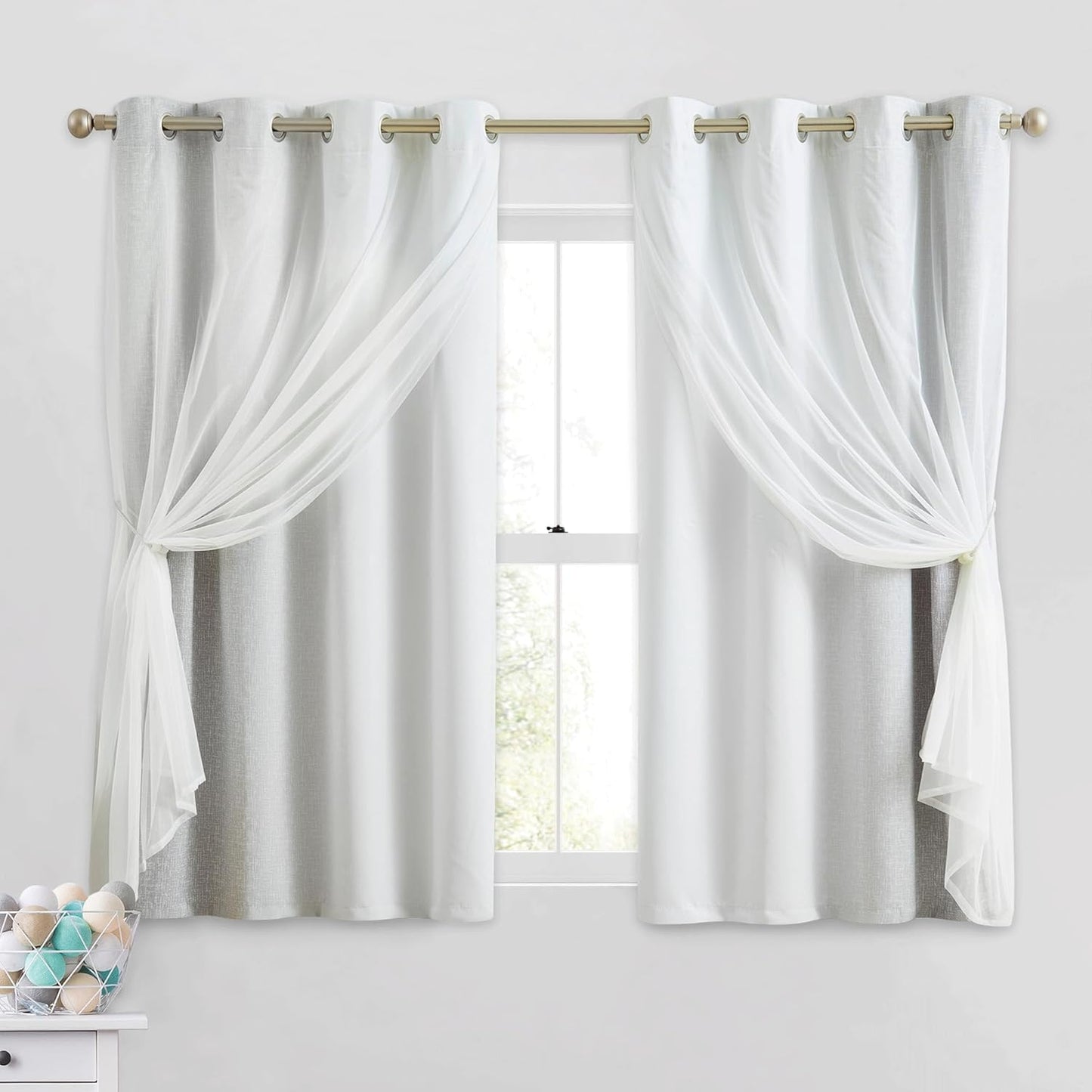 100% Blackout Curtains with Sheer Overlay Mix and Match Double Layer Drapes 84 Inch Long 2 Panels for Room Bedroom Ombre Rainbow Grommet Window Treatment with Tiebacks