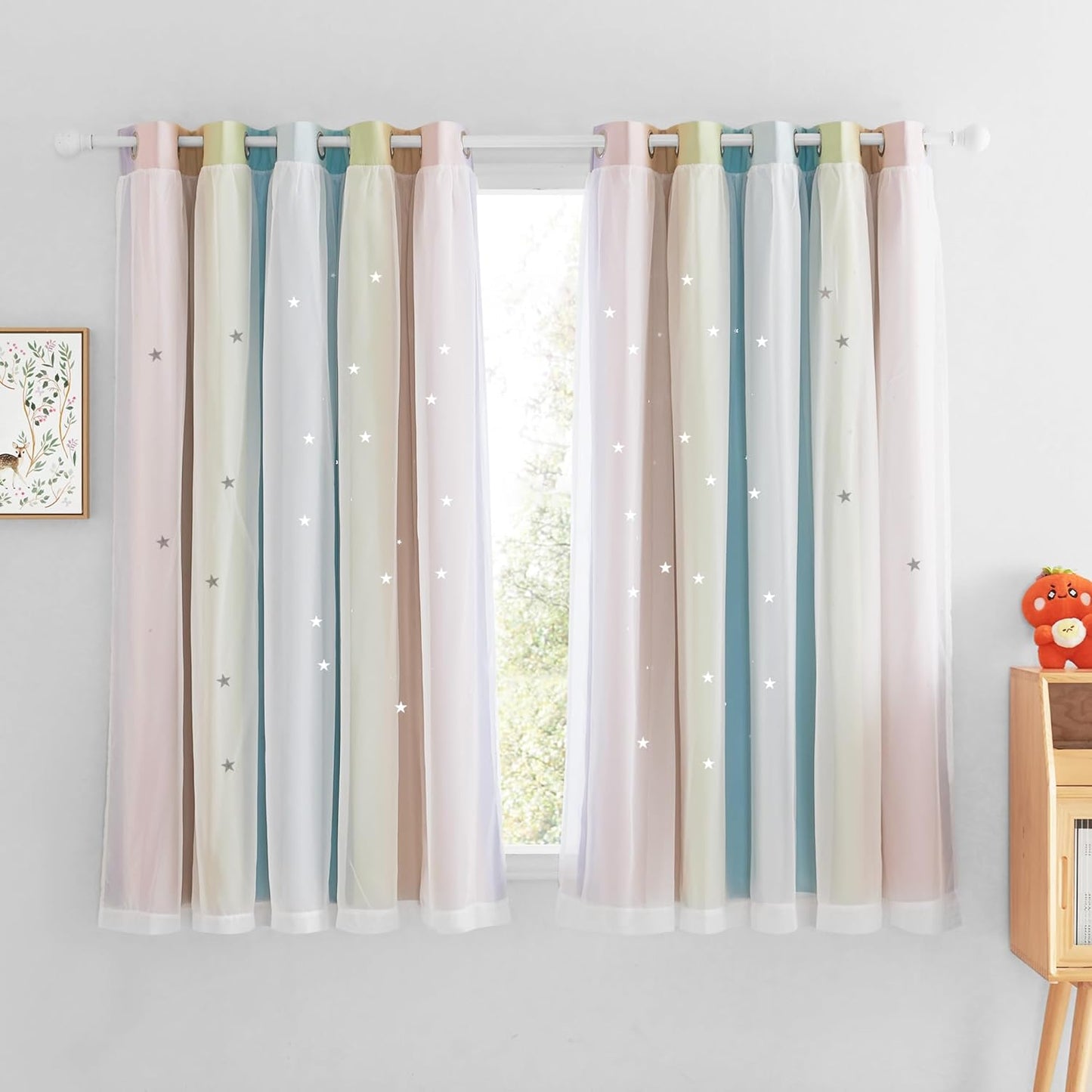 NICETOWN Rainbow Star Curtains for Girls Bedroom, Double Layer Colorful Stripes Kids Blackout Curtains Plus White Sheer Livingroom Window Curtains for School Classroom (Rainbow, W52 x L84, Sold by 2)