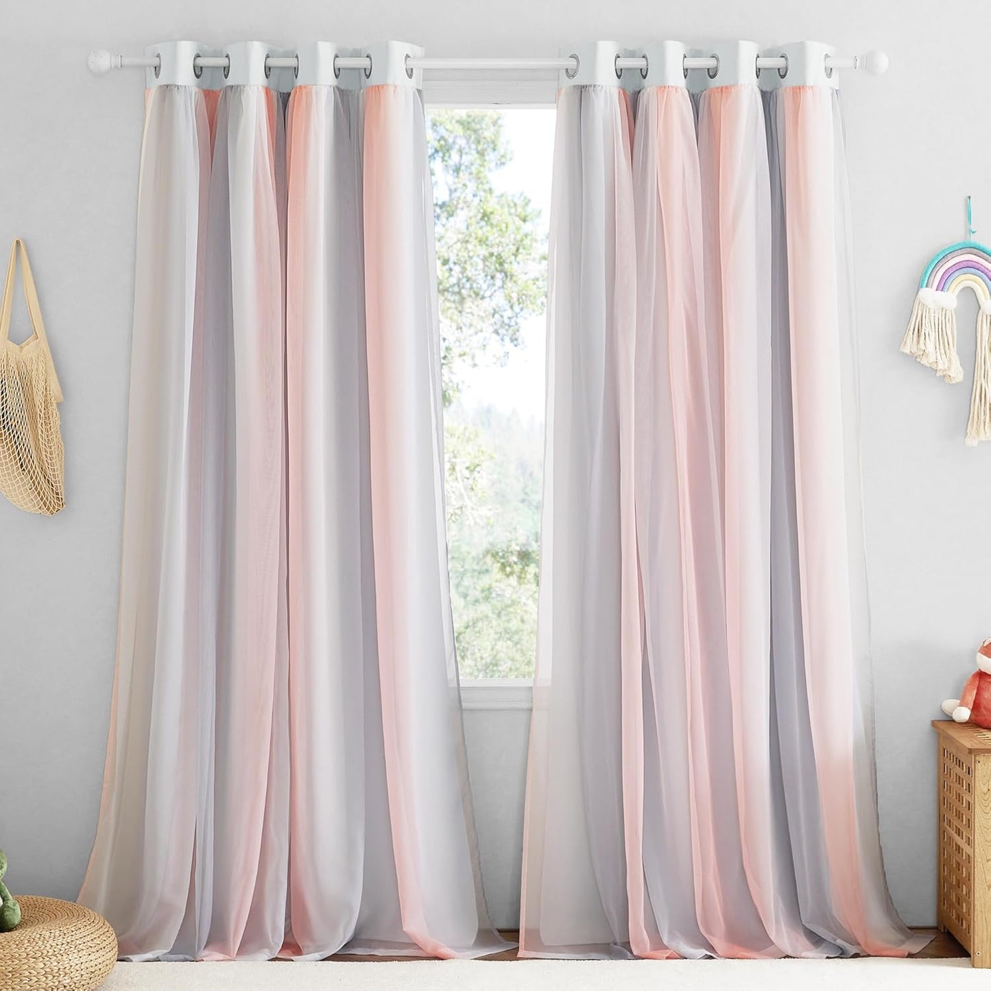 NICETOWN Rainbow Star Curtains for Girls Bedroom, Double Layer Colorful Stripes Kids Blackout Curtains Plus White Sheer Livingroom Window Curtains for School Classroom (Rainbow, W52 x L84, Sold by 2)