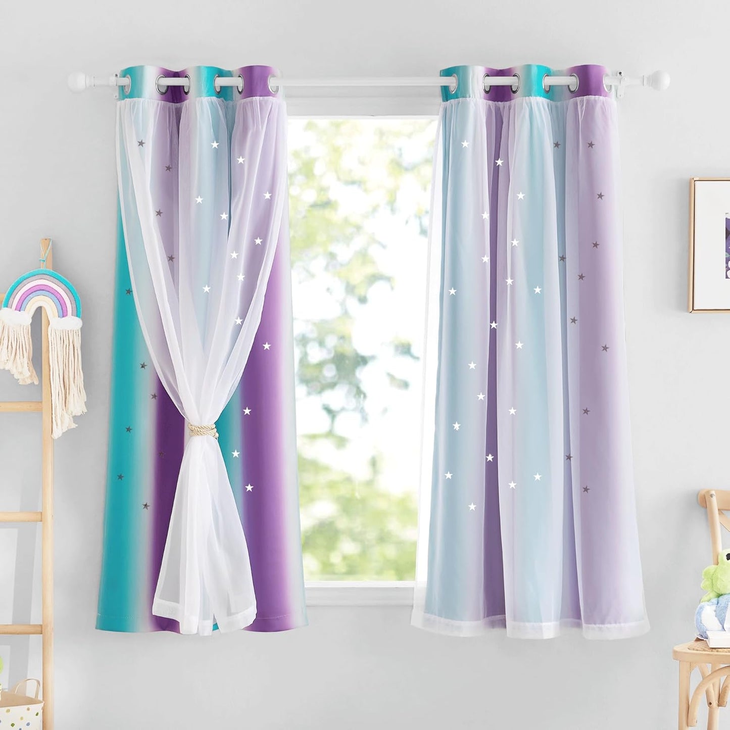 NICETOWN Rainbow Star Curtains for Girls Bedroom, Double Layer Colorful Stripes Kids Blackout Curtains Plus White Sheer Livingroom Window Curtains for School Classroom (Rainbow, W52 x L84, Sold by 2)