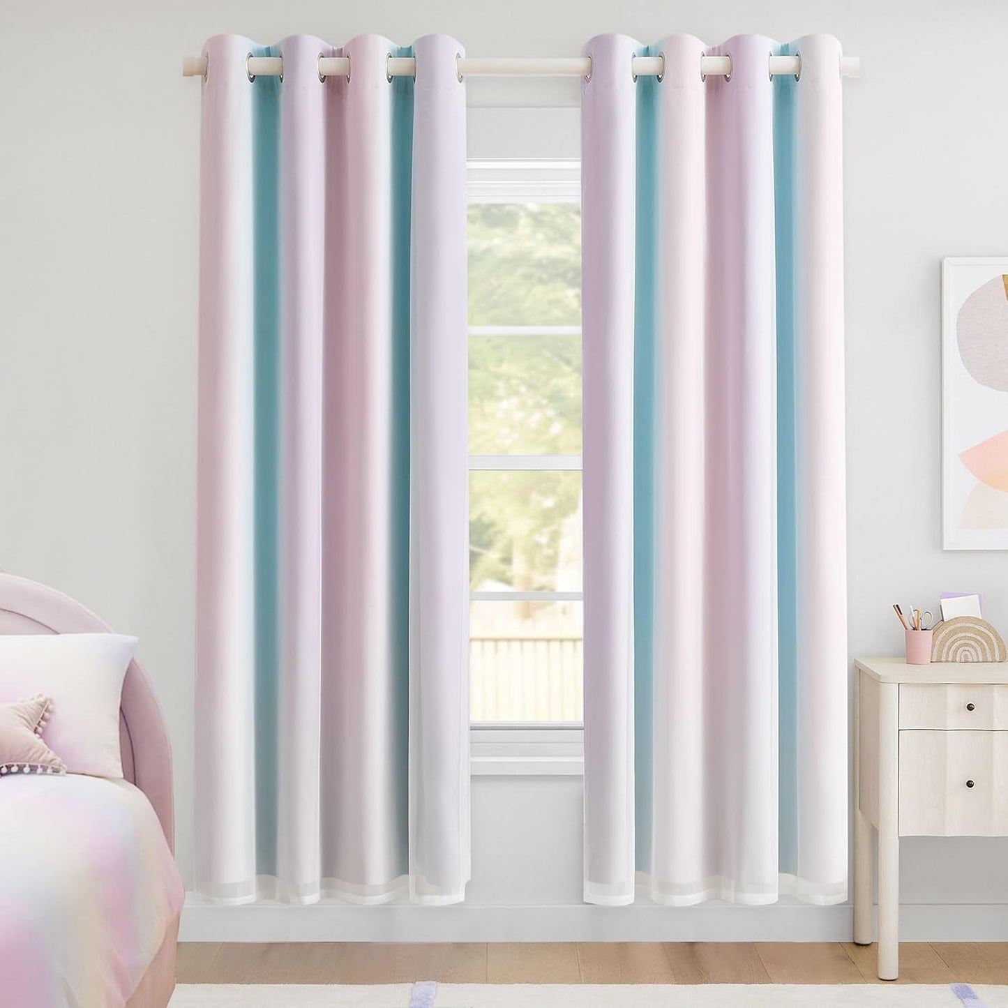 100% Blackout Curtains with Sheer Overlay Mix and Match Double Layer Drapes 84 Inch Long 2 Panels for Room Bedroom Ombre Rainbow Grommet Window Treatment with Tiebacks