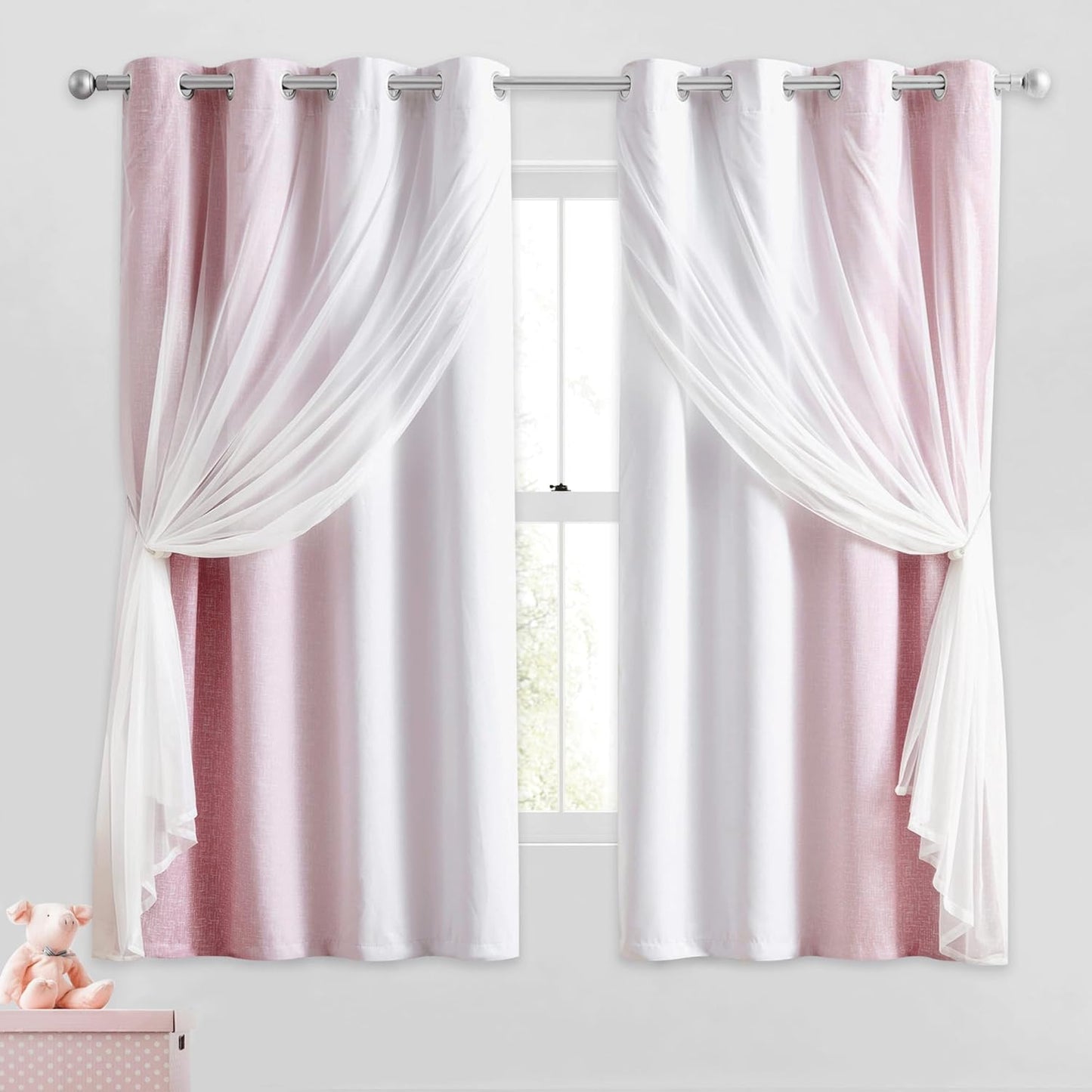 100% Blackout Curtains with Sheer Overlay Mix and Match Double Layer Drapes 84 Inch Long 2 Panels for Room Bedroom Ombre Rainbow Grommet Window Treatment with Tiebacks