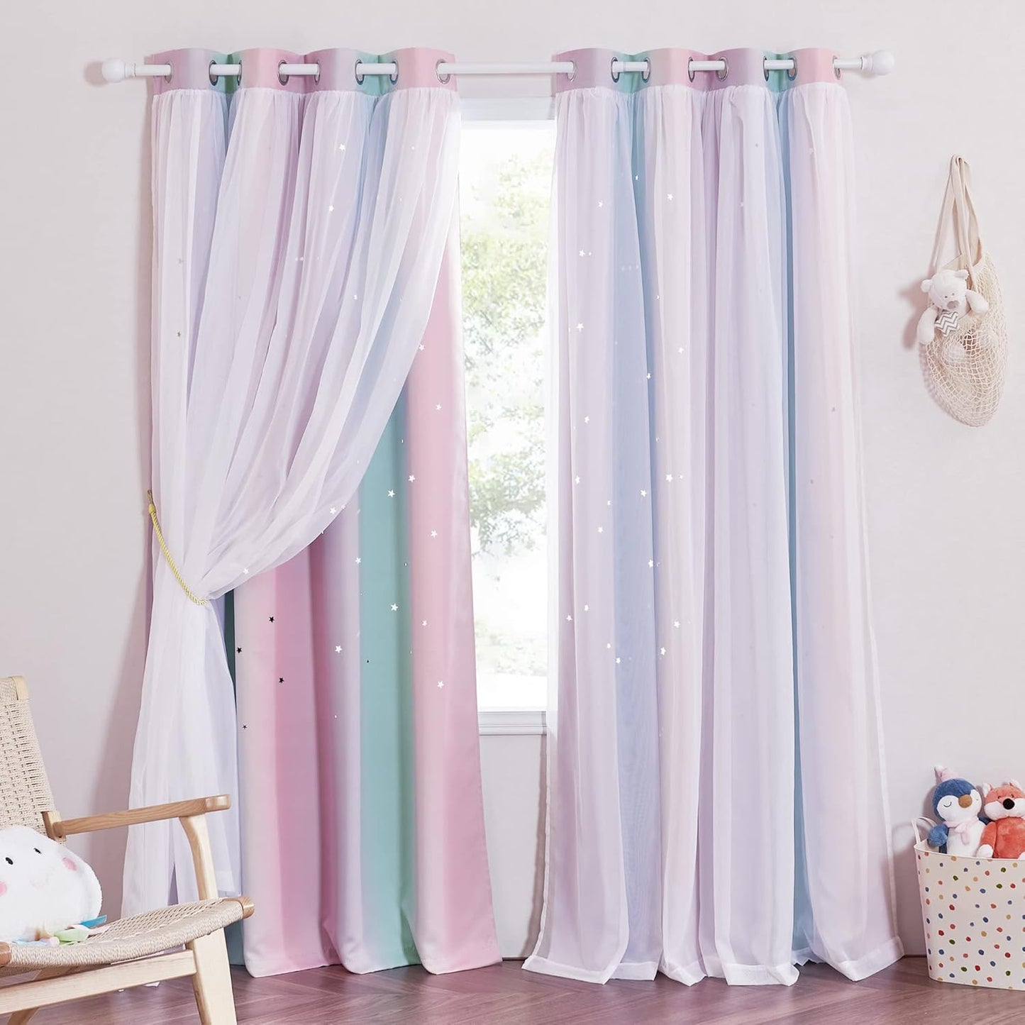 NICETOWN Rainbow Star Curtains for Girls Bedroom, Double Layer Colorful Stripes Kids Blackout Curtains Plus White Sheer Livingroom Window Curtains for School Classroom (Rainbow, W52 x L84, Sold by 2)