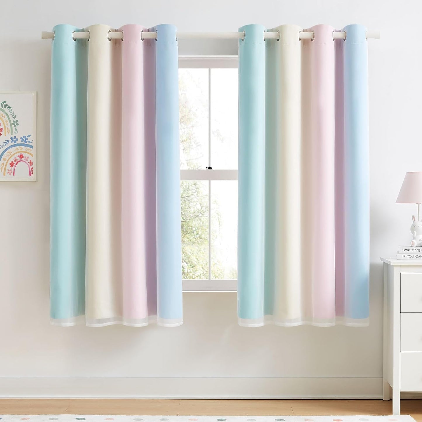 100% Blackout Curtains with Sheer Overlay Mix and Match Double Layer Drapes 84 Inch Long 2 Panels for Room Bedroom Ombre Rainbow Grommet Window Treatment with Tiebacks