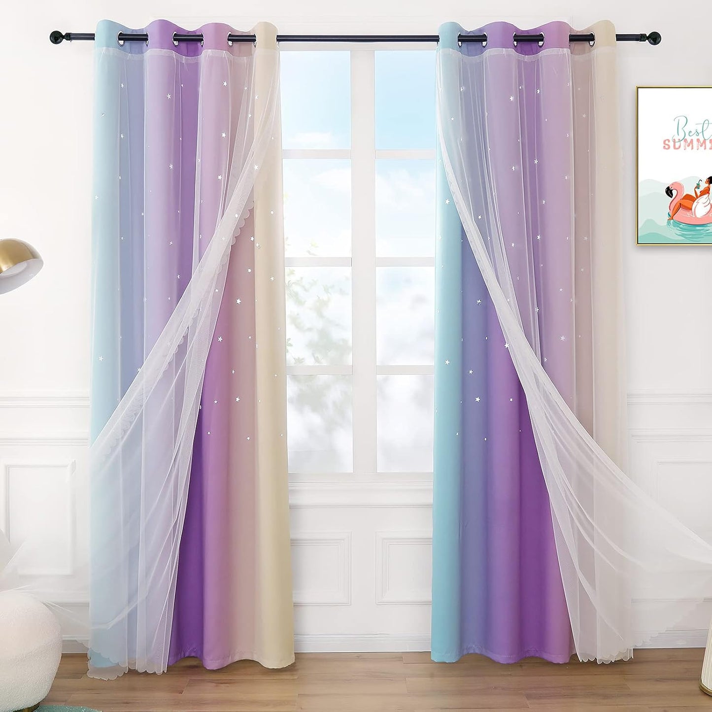 Anjee Star Curtains for Kids 2 in 1 Double Layer Blackout Curtains Grommets Top Star Cutout Rainbow Ombre Curtains with Sheer for Living Room Girls Bedroom 2 Panels 52 x 95 inch, Pink and Yellow