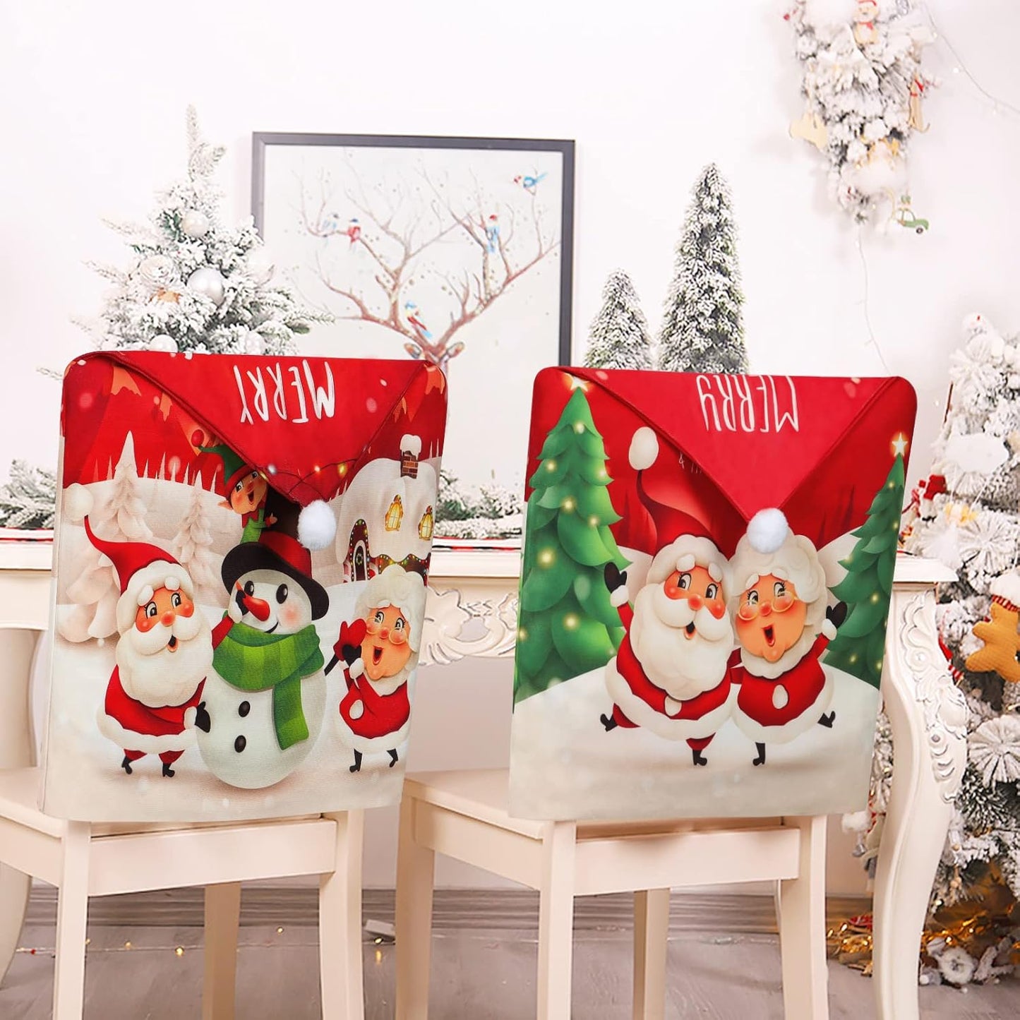 Christmas Chair Covers Set of 4 Merry Christmas Dining Room Chair Back Covers Santa Claus Snowman Xmas Chair Protector Slipcovers for Christmas Holiday Home Kitchen Decor
