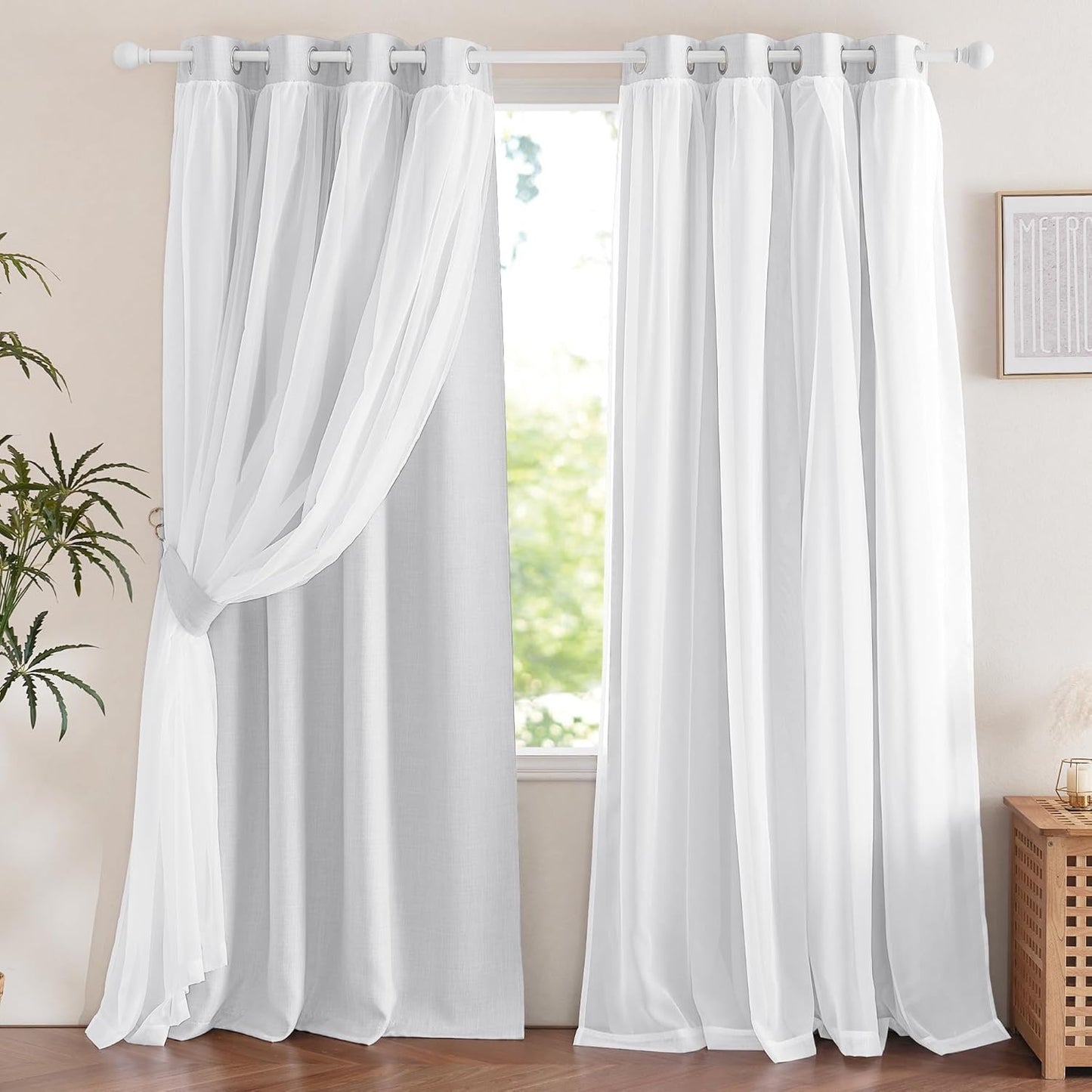 NICETOWN Rainbow Star Curtains for Girls Bedroom, Double Layer Colorful Stripes Kids Blackout Curtains Plus White Sheer Livingroom Window Curtains for School Classroom (Rainbow, W52 x L84, Sold by 2)