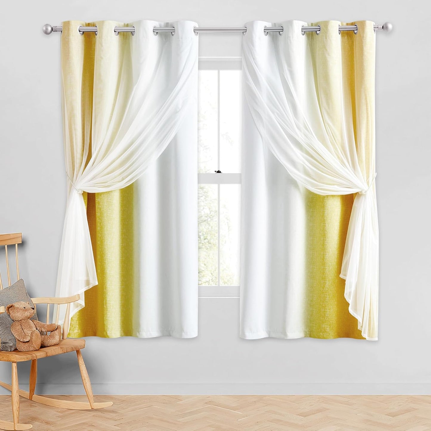 100% Blackout Curtains with Sheer Overlay Mix and Match Double Layer Drapes 84 Inch Long 2 Panels for Room Bedroom Ombre Rainbow Grommet Window Treatment with Tiebacks