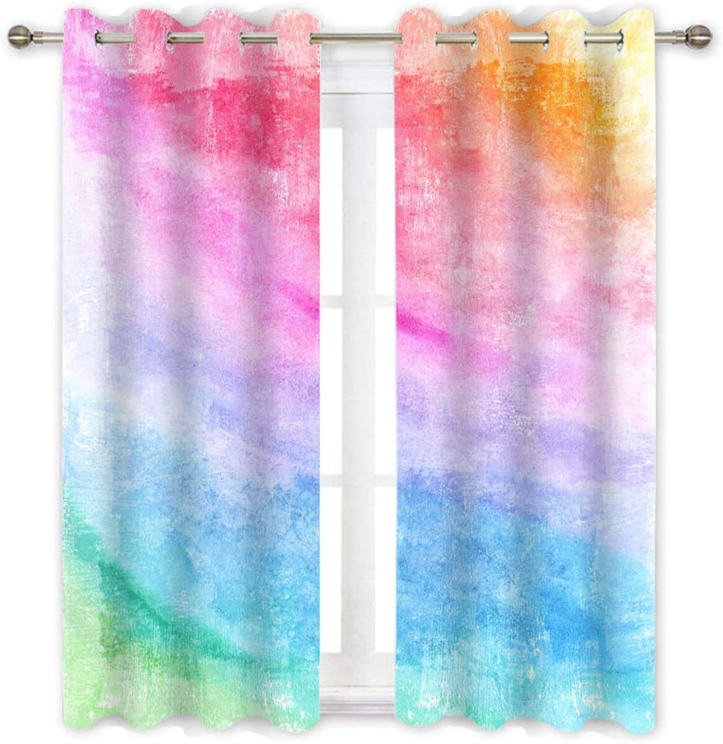 QH Watercolor Rainbow Palette Window Curtain Panels Blackout Curtain Panels Thermal Insulated & Light Blocking 42W x 84L inch (Set of 2 Panels)