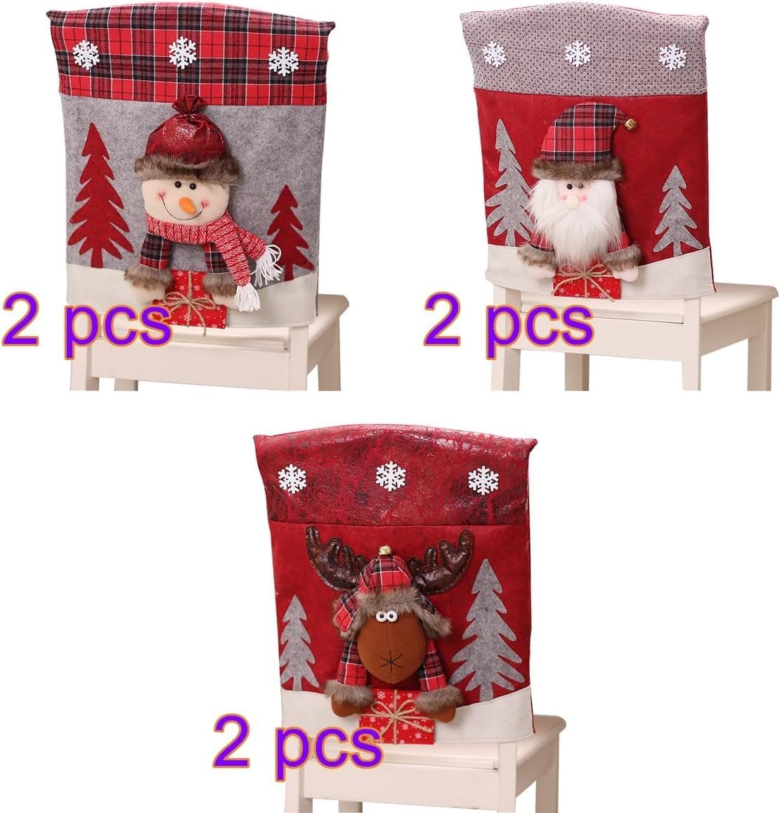 Christmas Chair Back Covers Set of 6, 3D Cute Santa Claus Snowman Reindeer Xmas Dinner Chair Covers Christmas Dining Chair Slipcovers for Home Kitchen Holiday Festive Party Decorations