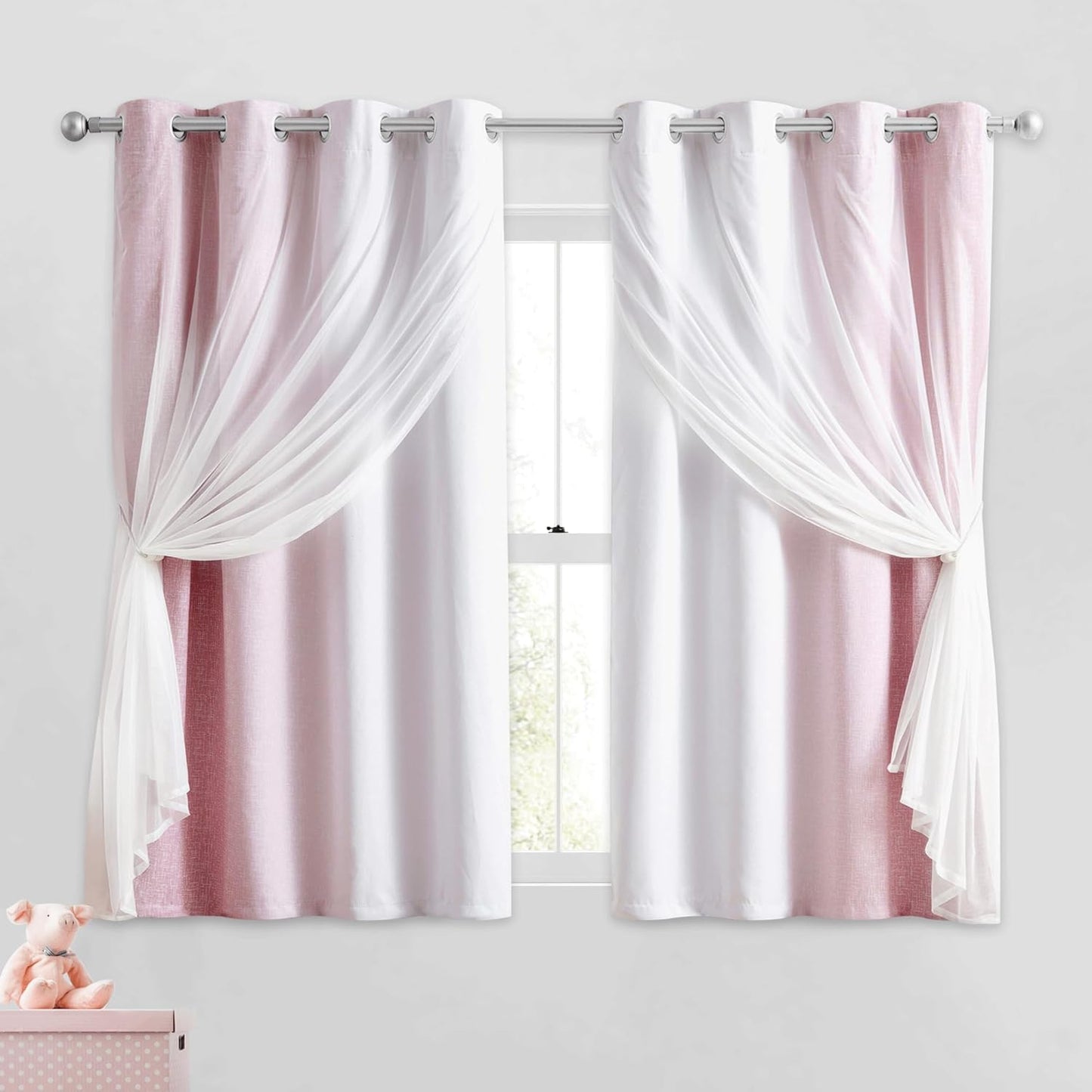 100% Blackout Curtains with Sheer Overlay Mix and Match Double Layer Drapes 84 Inch Long 2 Panels for Room Bedroom Ombre Rainbow Grommet Window Treatment with Tiebacks