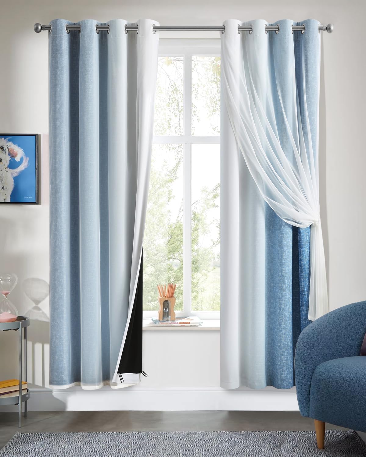 100% Blackout Curtains with Sheer Overlay Mix and Match Double Layer Drapes 84 Inch Long 2 Panels for Room Bedroom Ombre Rainbow Grommet Window Treatment with Tiebacks