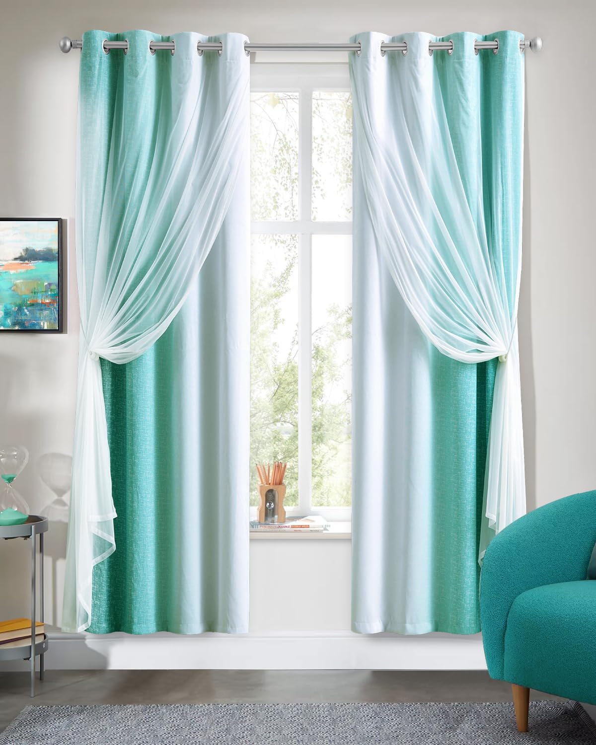 100% Blackout Curtains with Sheer Overlay Mix and Match Double Layer Drapes 84 Inch Long 2 Panels for Room Bedroom Ombre Rainbow Grommet Window Treatment with Tiebacks
