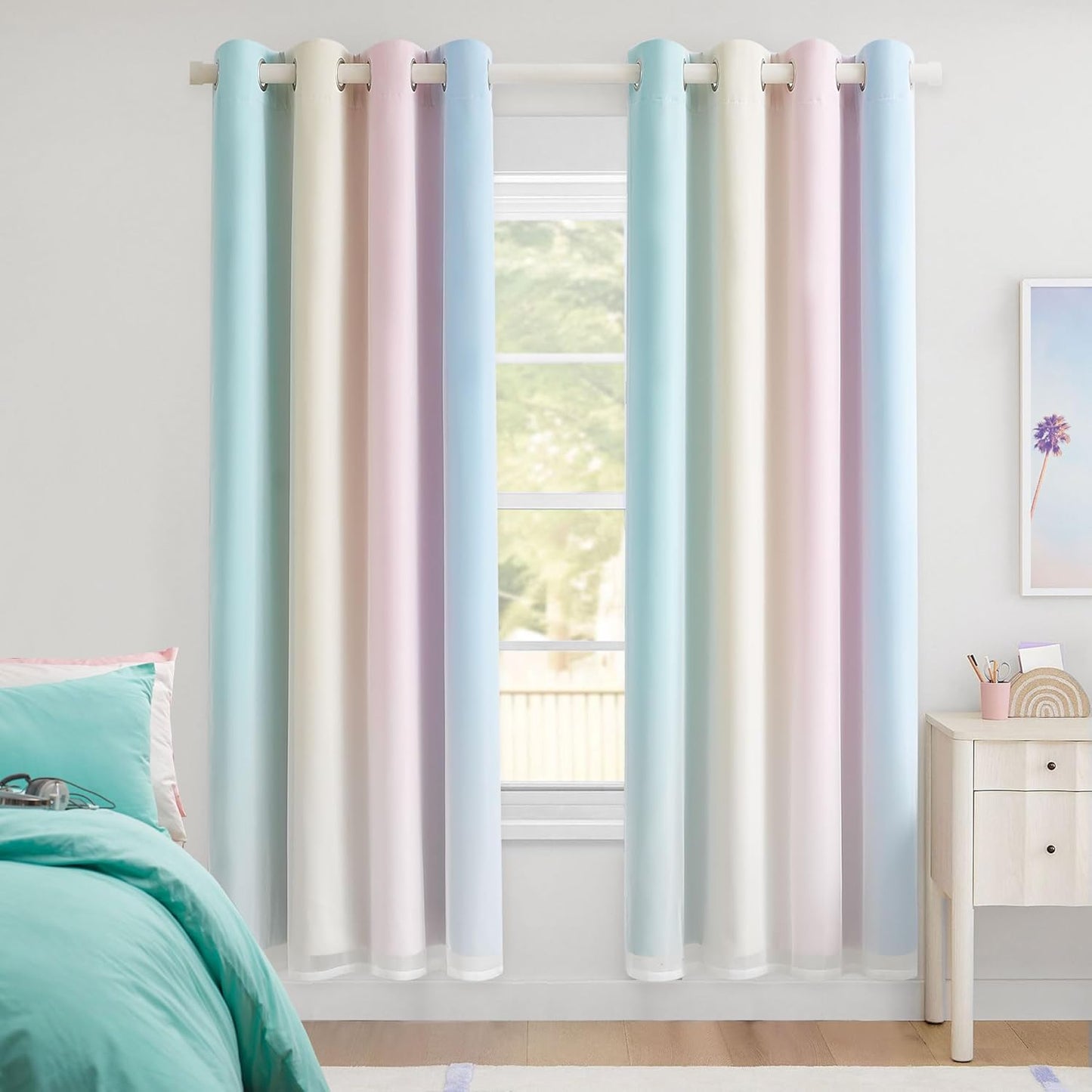 100% Blackout Curtains with Sheer Overlay Mix and Match Double Layer Drapes 84 Inch Long 2 Panels for Room Bedroom Ombre Rainbow Grommet Window Treatment with Tiebacks