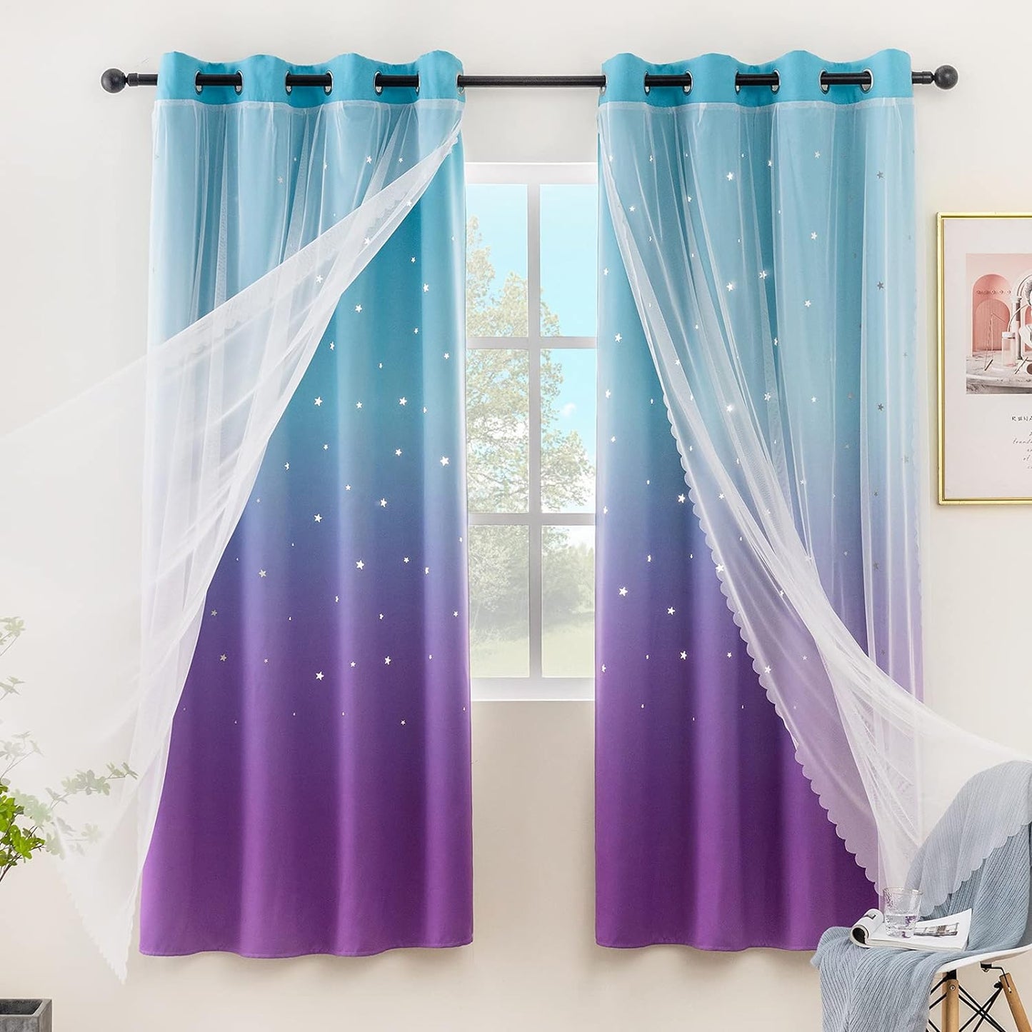 Stiio Kids Blackout Curtains 2 Panels, Star Cutout Ombre Stripe Rainbow Curtains Light Blocking Window Treatment for Girls Bedroom Home Decor, W52 x L63 inches
