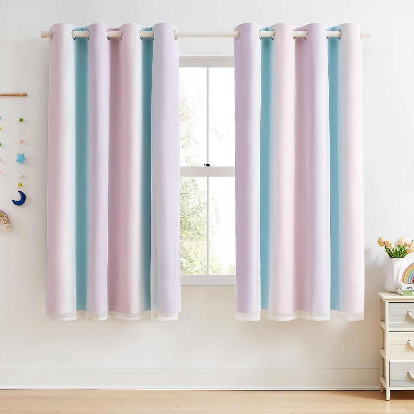 100% Blackout Curtains with Sheer Overlay Mix and Match Double Layer Drapes 84 Inch Long 2 Panels for Room Bedroom Ombre Rainbow Grommet Window Treatment with Tiebacks
