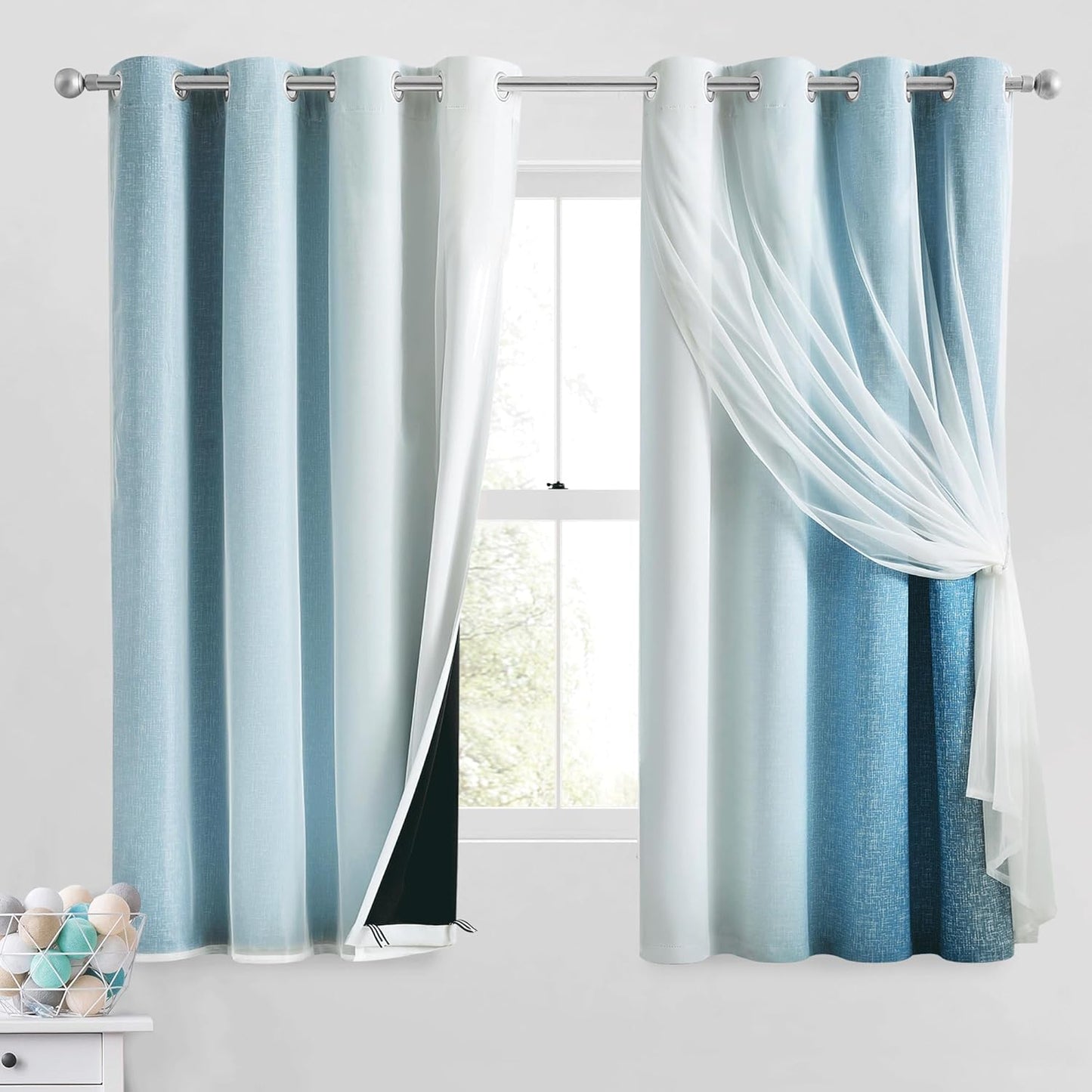 100% Blackout Curtains with Sheer Overlay Mix and Match Double Layer Drapes 84 Inch Long 2 Panels for Room Bedroom Ombre Rainbow Grommet Window Treatment with Tiebacks