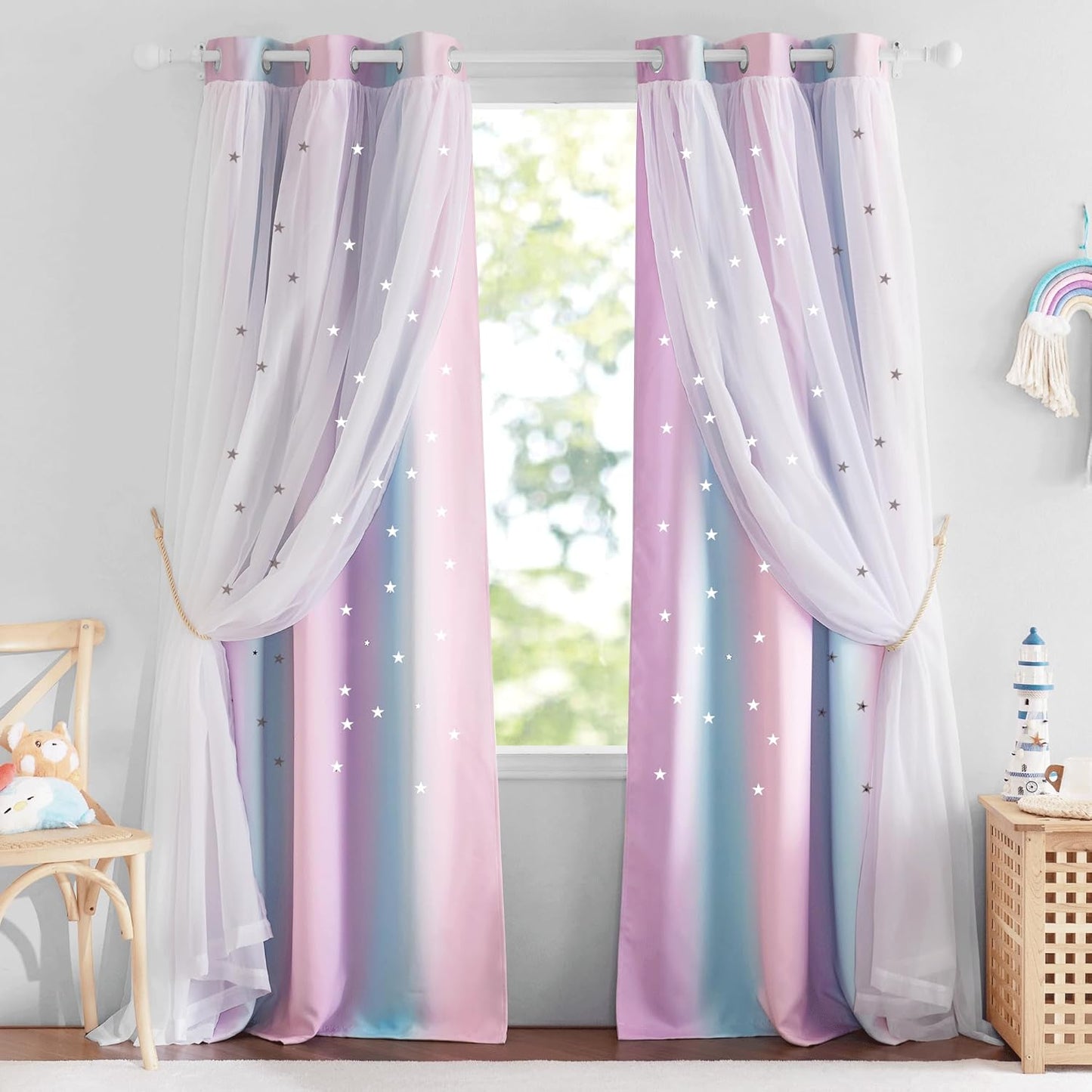 NICETOWN Rainbow Star Curtains for Girls Bedroom, Double Layer Colorful Stripes Kids Blackout Curtains Plus White Sheer Livingroom Window Curtains for School Classroom (Rainbow, W52 x L84, Sold by 2)