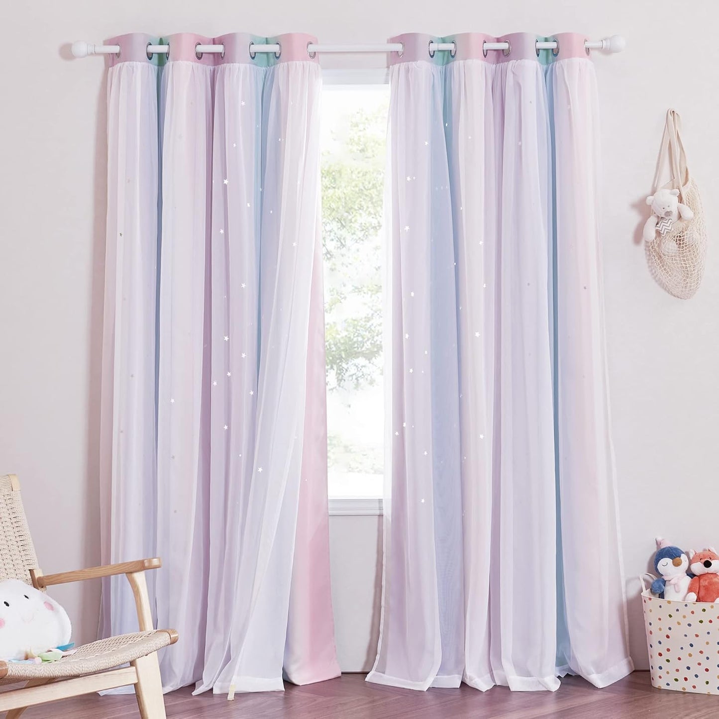 NICETOWN Rainbow Star Curtains for Girls Bedroom, Double Layer Colorful Stripes Kids Blackout Curtains Plus White Sheer Livingroom Window Curtains for School Classroom (Rainbow, W52 x L84, Sold by 2)