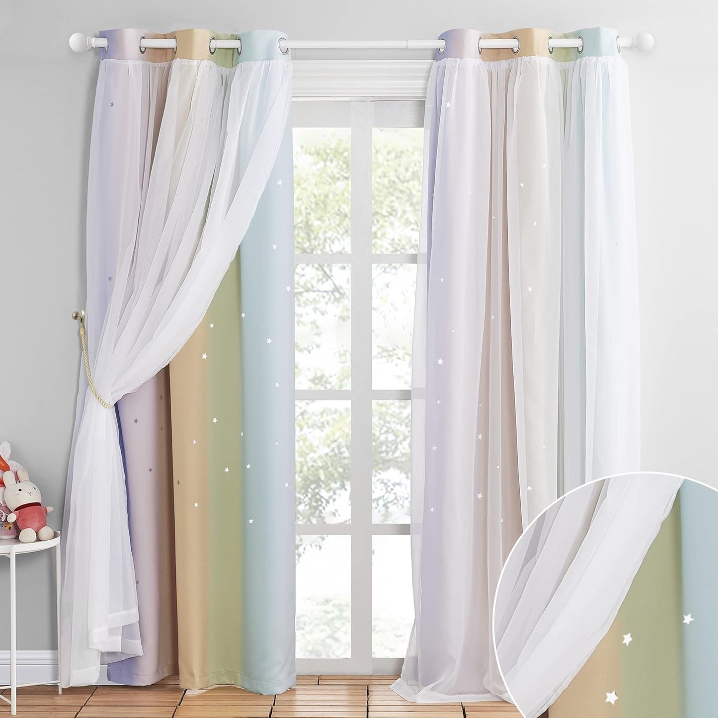 NICETOWN Rainbow Star Curtains for Girls Bedroom, Double Layer Colorful Stripes Kids Blackout Curtains Plus White Sheer Livingroom Window Curtains for School Classroom (Rainbow, W52 x L84, Sold by 2)