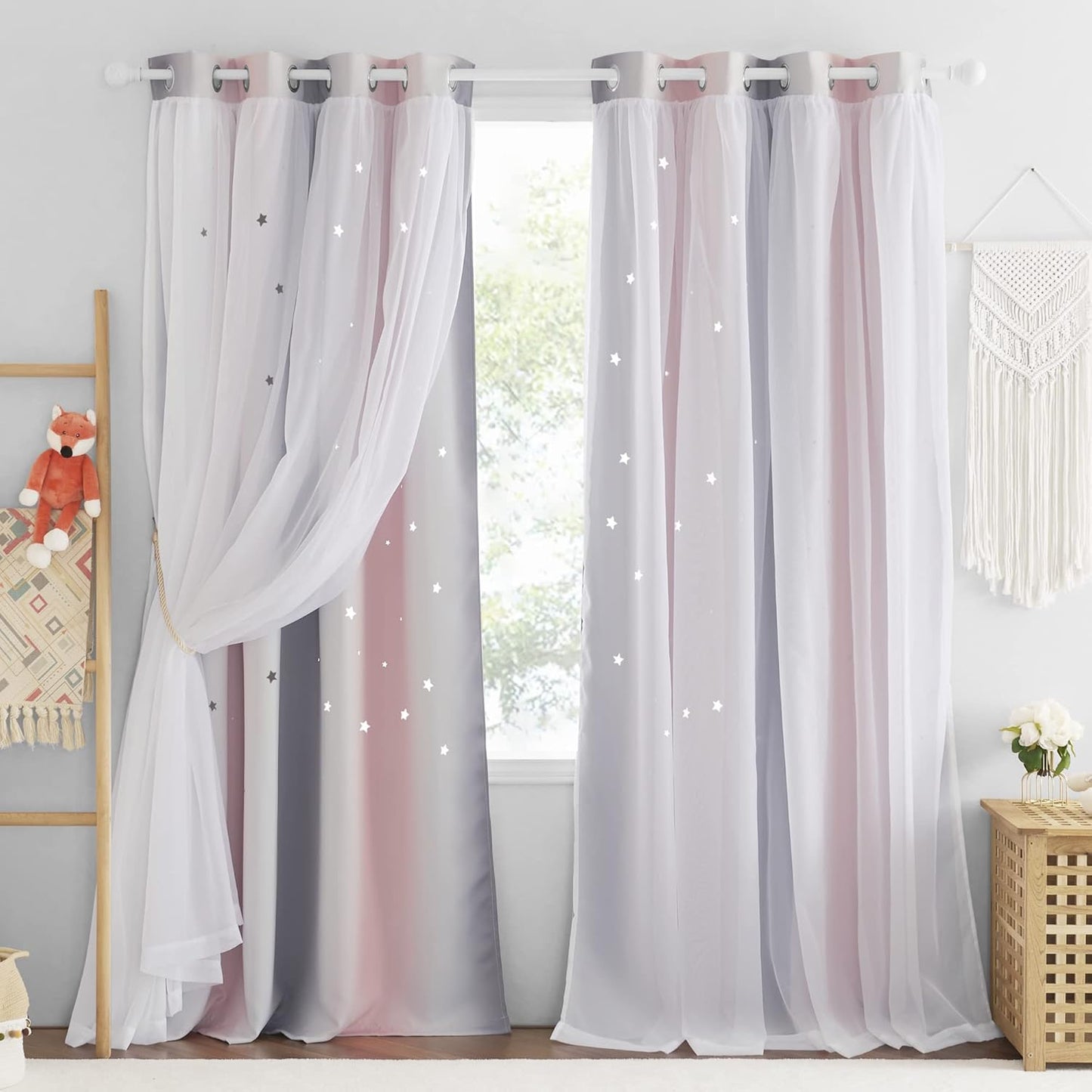 NICETOWN Rainbow Star Curtains for Girls Bedroom, Double Layer Colorful Stripes Kids Blackout Curtains Plus White Sheer Livingroom Window Curtains for School Classroom (Rainbow, W52 x L84, Sold by 2)