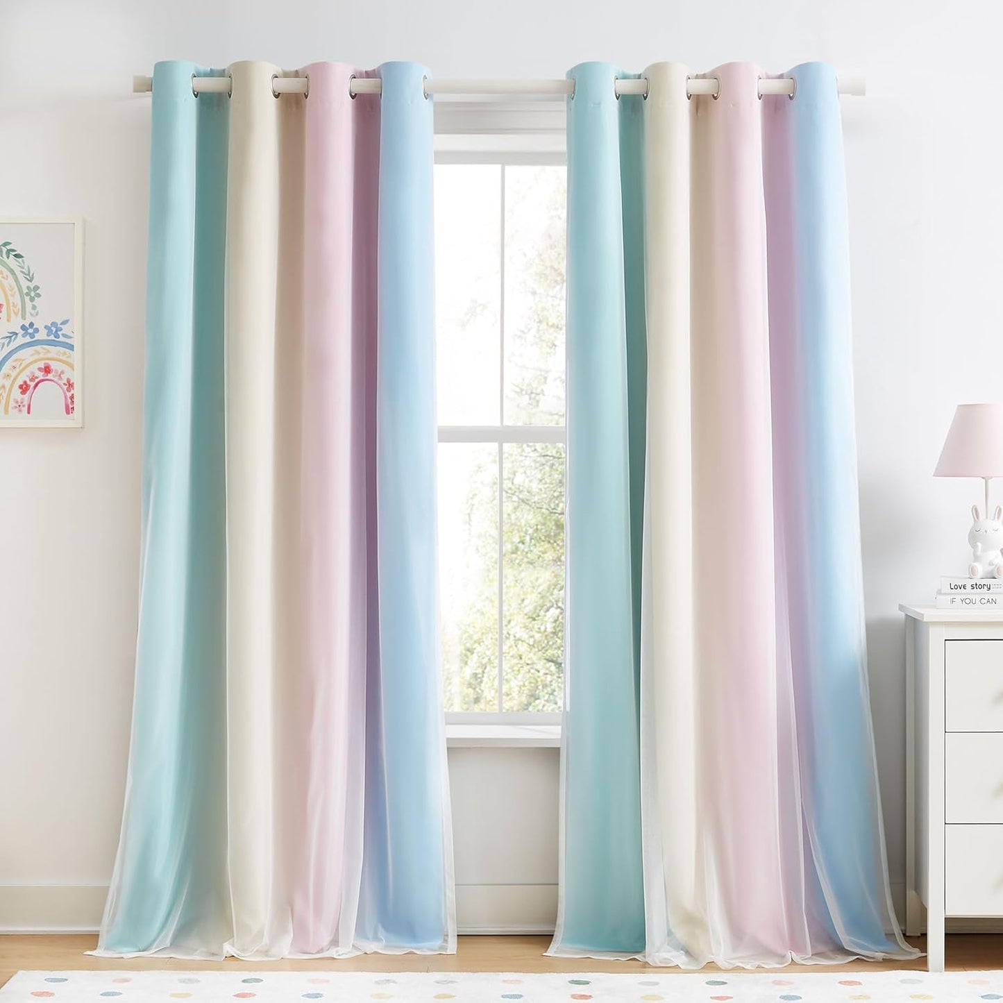 100% Blackout Curtains with Sheer Overlay Mix and Match Double Layer Drapes 84 Inch Long 2 Panels for Room Bedroom Ombre Rainbow Grommet Window Treatment with Tiebacks