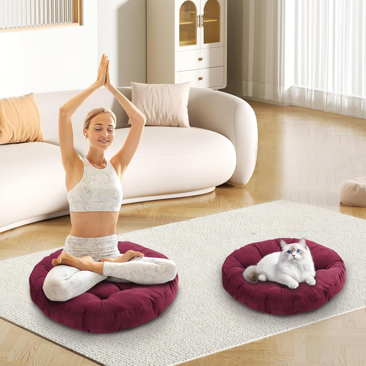 Meditation Floor Pillow Set of 2 Large Round Floor Cushions for Adults Tufted Corduroy Floor Seat Pillows Cushion for Living Room Tatami Yoga,Wine Red 22" L x 22" W x 5" H