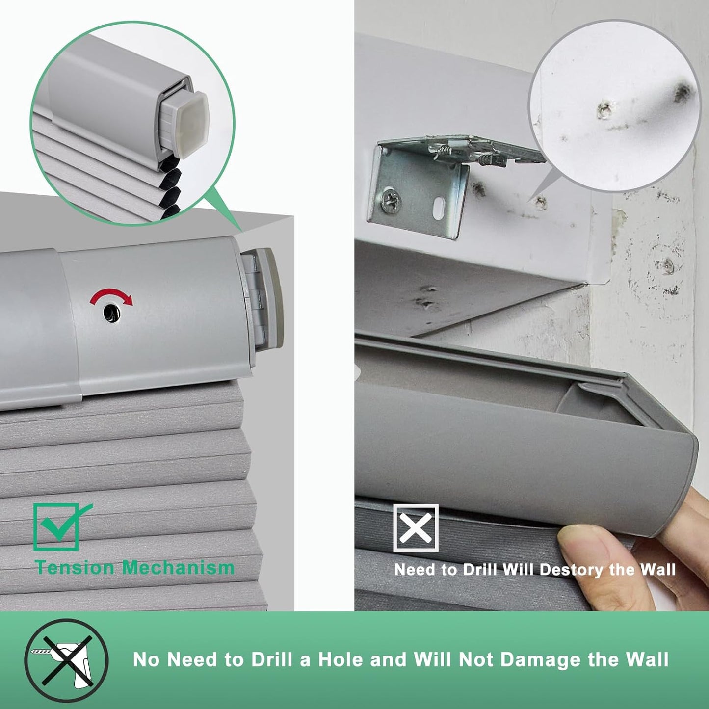 No Drill Cellular Shades for Indoor Windows, Thermal Insulating & Noise Reducing Honeycomb Blinds, Free Stop Cordless Blackout Shades, Grey, 22" W x 64" H