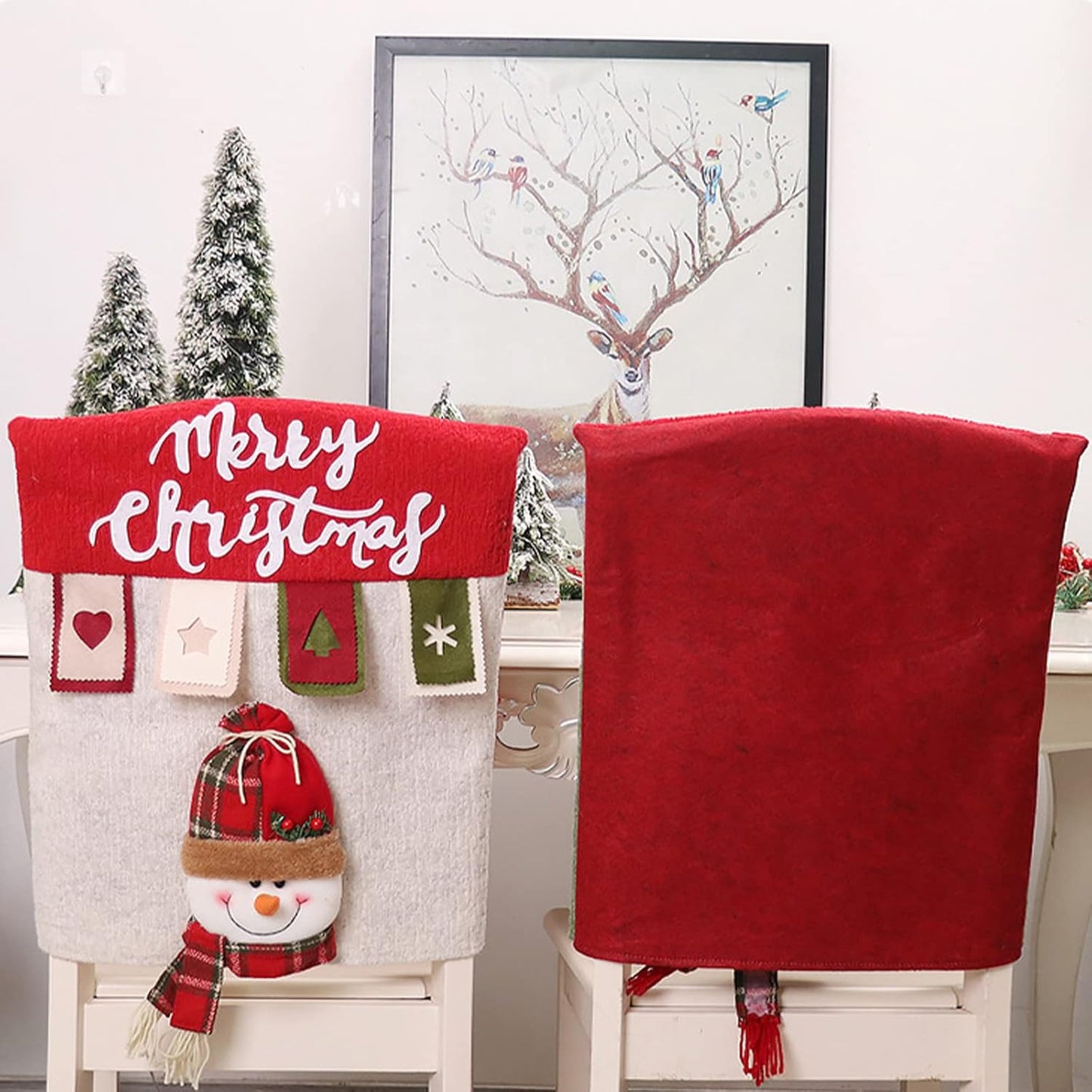 Christmas Chair Back Covers Set of 6, 3D Cute Santa Claus Snowman Reindeer Xmas Dinner Chair Covers, Christmas Chair Slipcovers for Dining Room Holiday Party Decor