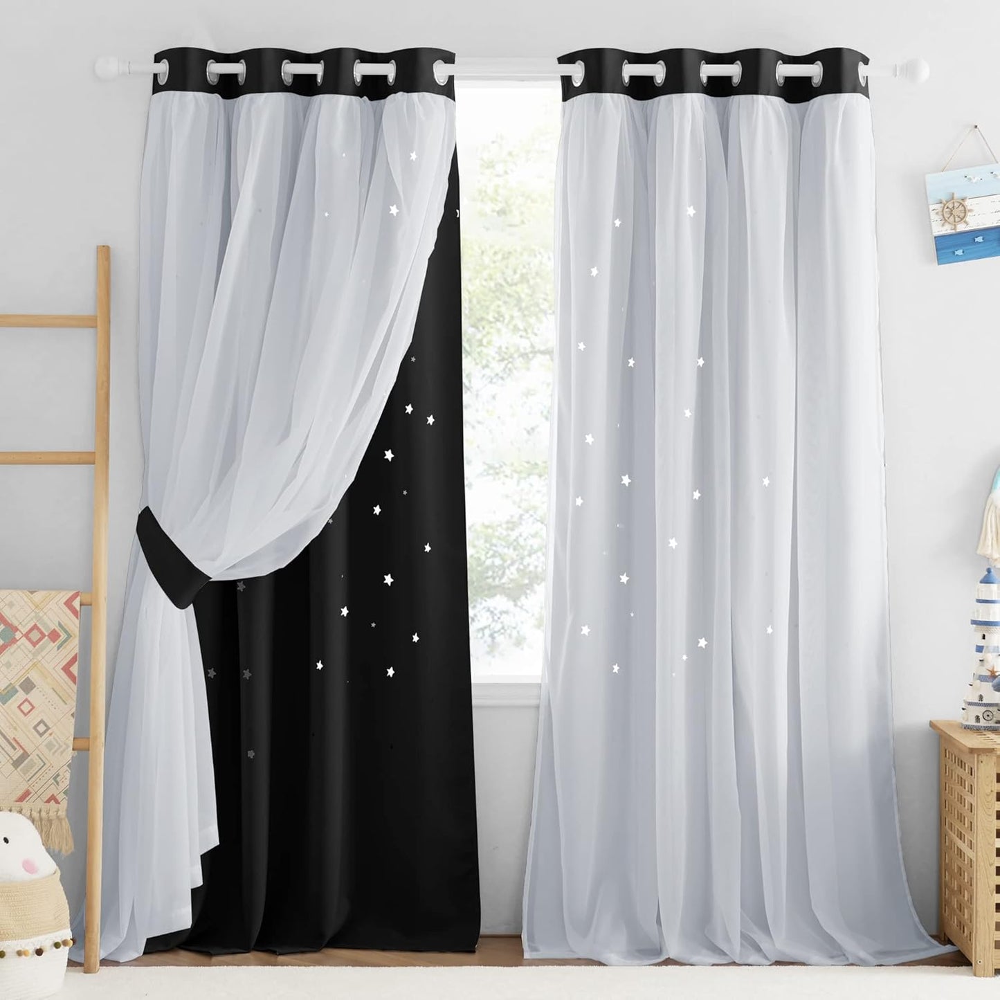 NICETOWN Rainbow Star Curtains for Girls Bedroom, Double Layer Colorful Stripes Kids Blackout Curtains Plus White Sheer Livingroom Window Curtains for School Classroom (Rainbow, W52 x L84, Sold by 2)