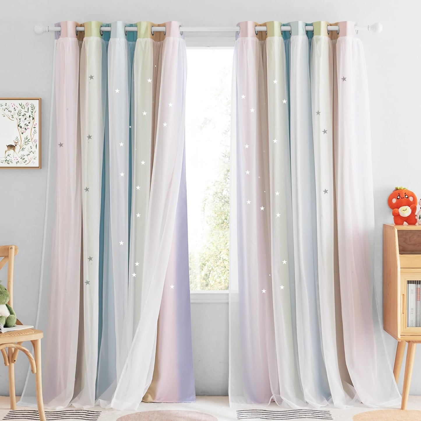 NICETOWN Rainbow Star Curtains for Girls Bedroom, Double Layer Colorful Stripes Kids Blackout Curtains Plus White Sheer Livingroom Window Curtains for School Classroom (Rainbow, W52 x L84, Sold by 2)