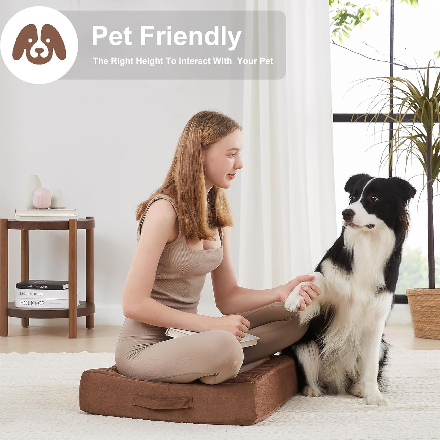 2 Pcs High Density Foam Floor Pillow - Upgraded Large Pillows Seating for Adults - Outdoor Floor Cushion with Soft Tufted Cover - Yoga Pillows for Sitting On Floor - 22 Inch Coffee