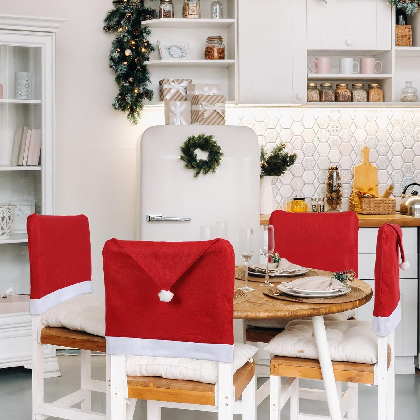Chumia 30 Pcs Christmas Chair Covers Santa Claus Hat Dining Slipcovers Xmas Red Chair Back Cover Non Woven Slipcovers Protective Covers Party Dining Room Holiday Banquet Home Decoration
