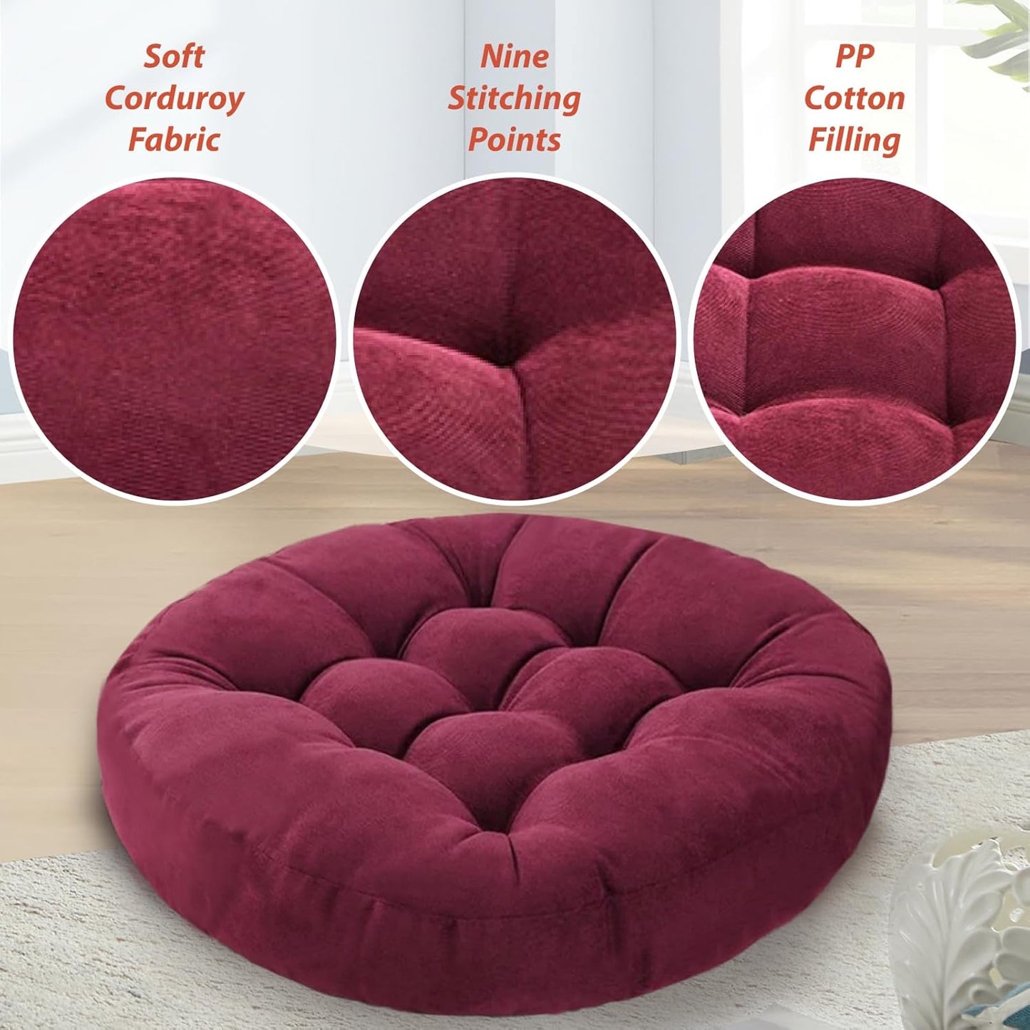 Meditation Floor Pillow Set of 2 Large Round Floor Cushions for Adults Tufted Corduroy Floor Seat Pillows Cushion for Living Room Tatami Yoga,Wine Red 22" L x 22" W x 5" H