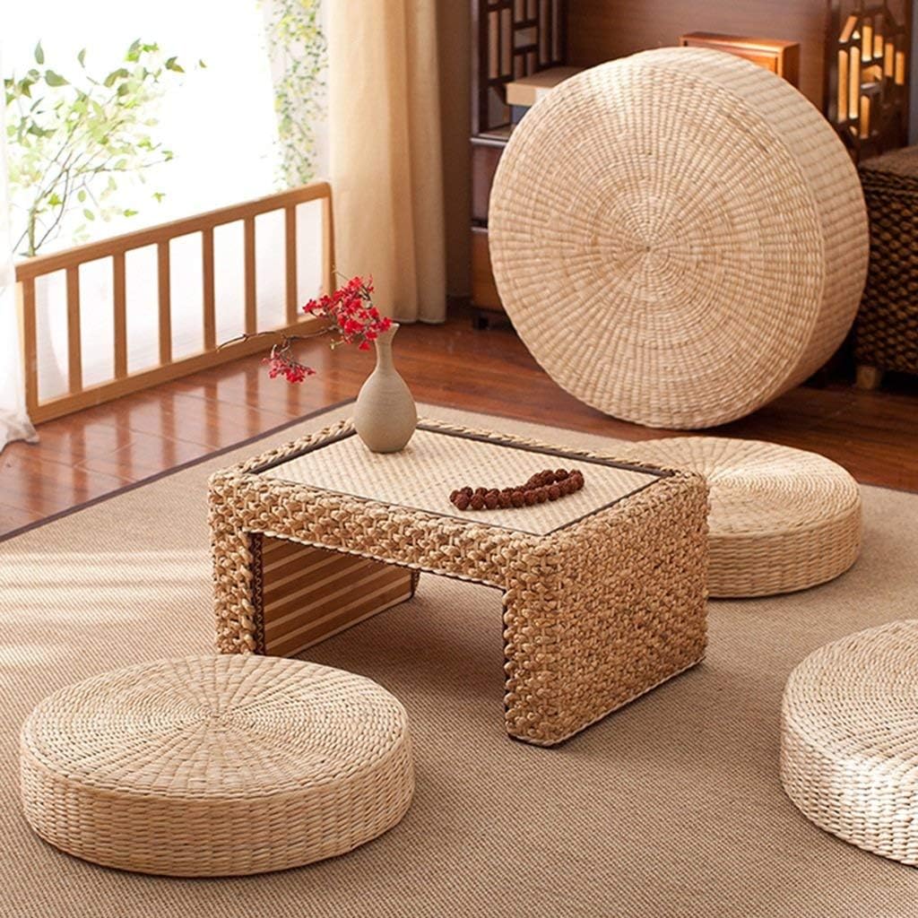 HUAWELL 2 Pack Tatami Floor Pillow Sitting Cushion Bigger Size,Round Padded Room Floor Straw Mat for Outdoor Seat (Dia: 19.7)