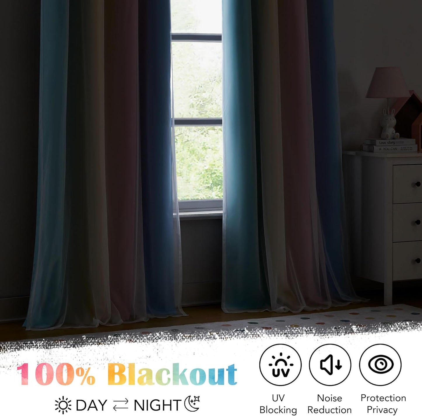 100% Blackout Curtains with Sheer Overlay Mix and Match Double Layer Drapes 84 Inch Long 2 Panels for Room Bedroom Ombre Rainbow Grommet Window Treatment with Tiebacks